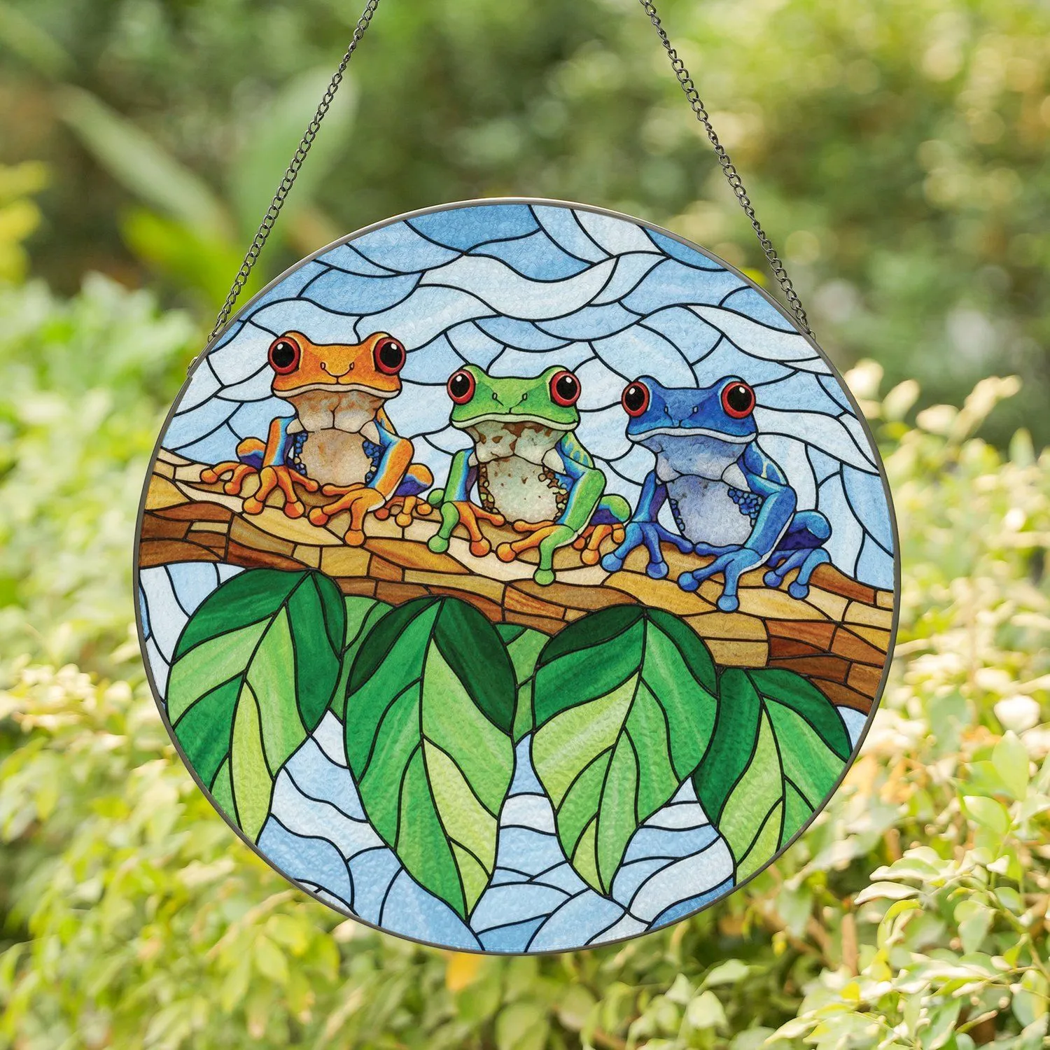 Three Red-Eyed Tree Frogs Branch Leaves Mottled Sky Home Decor Gift for Wildlife Lover Stained Glass Suncatcher - 1
