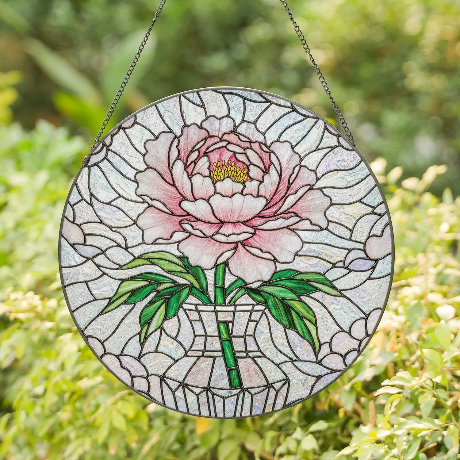 Tiffany Glass Peony Flower Layered Petals Ornate Vase - Luminous Window Decor Gift Stained Glass Suncatcher - 1