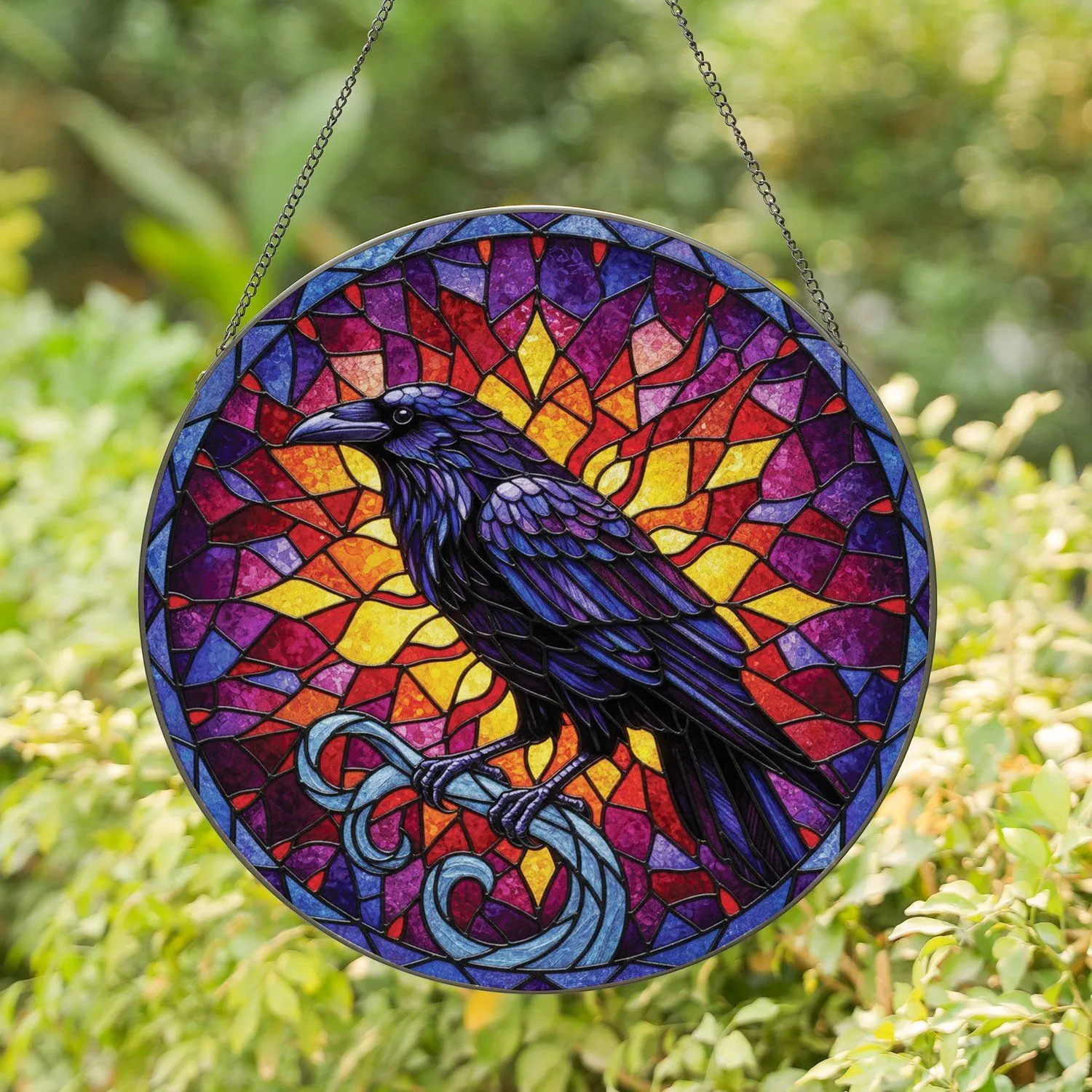Black Raven Iridescent Purple Blue Feathers Mosaic - Home Decor Gift for Bird Lovers Stained Glass Suncatcher - 1