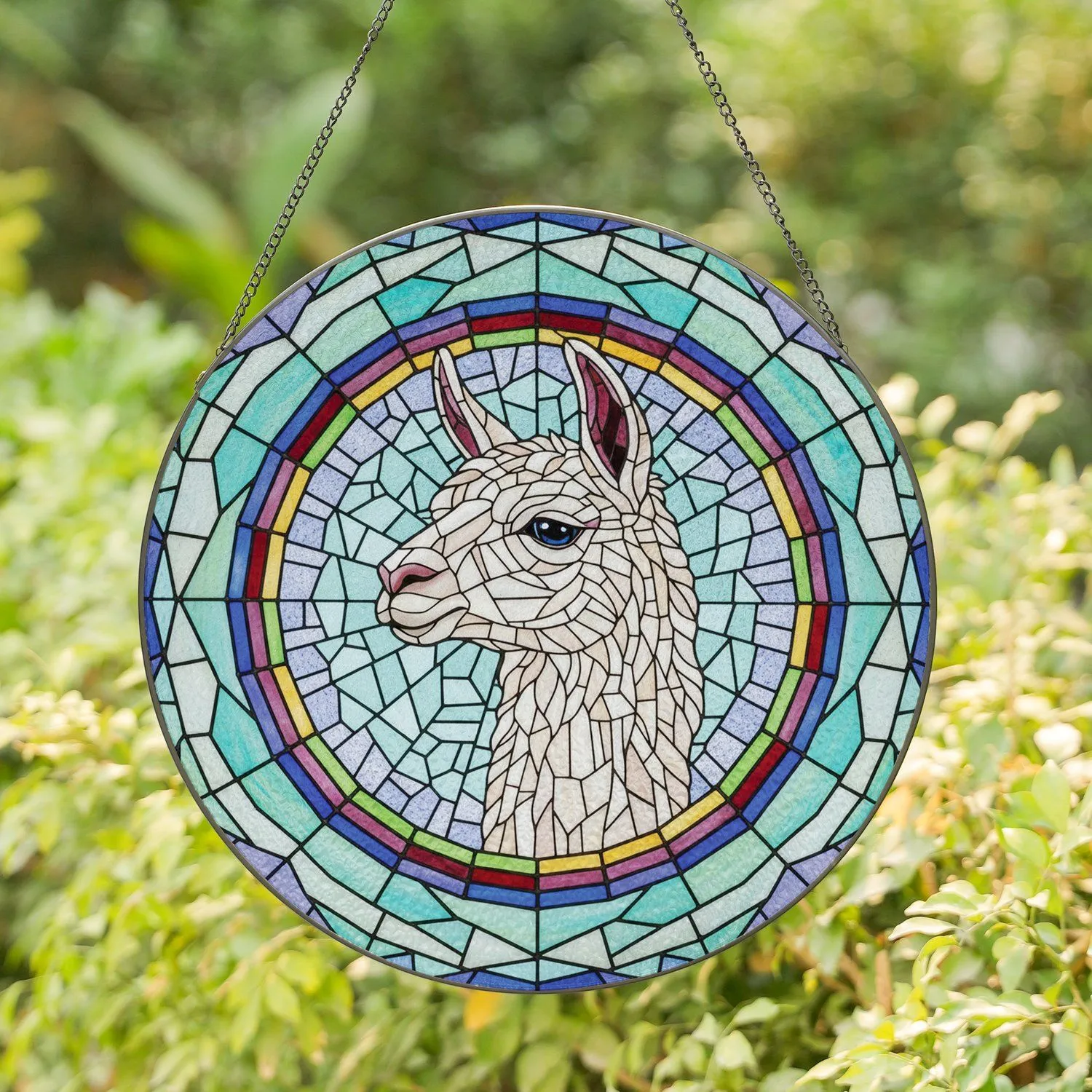 White Llama Head Glowing Jewel Tone Border - Wildlife Lover Home Decor Gift Stained Glass Suncatcher - 1