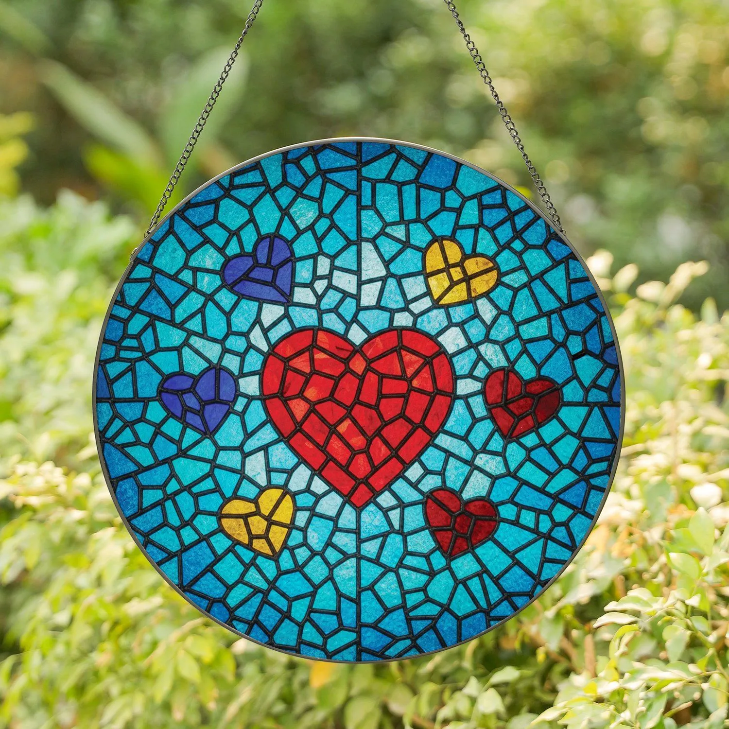 Tiffany Glass Red Heart Blue Teal Golden Maroon Spiderweb Mosaic Home Decor Gift Stained Glass Suncatcher - 1