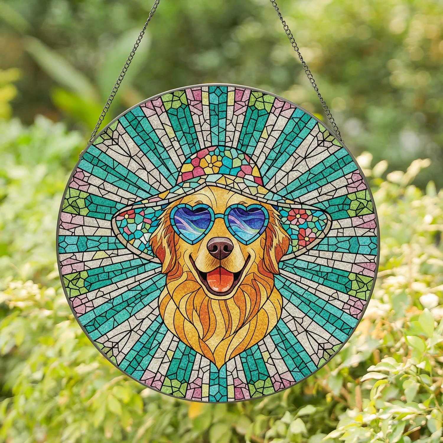 Joyful Golden Retriever Dog Sunglasses Floral Hat - Home Decor Gift for Dog Lover Stained Glass Suncatcher - 1
