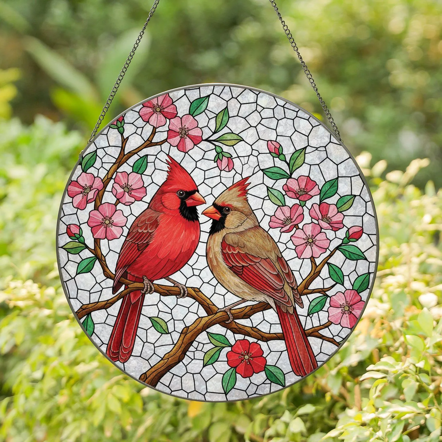 Northern Cardinal Pair Stained Glass Flowers - Wildlife Home Decor Gift Stained Glass Suncatcher - 1