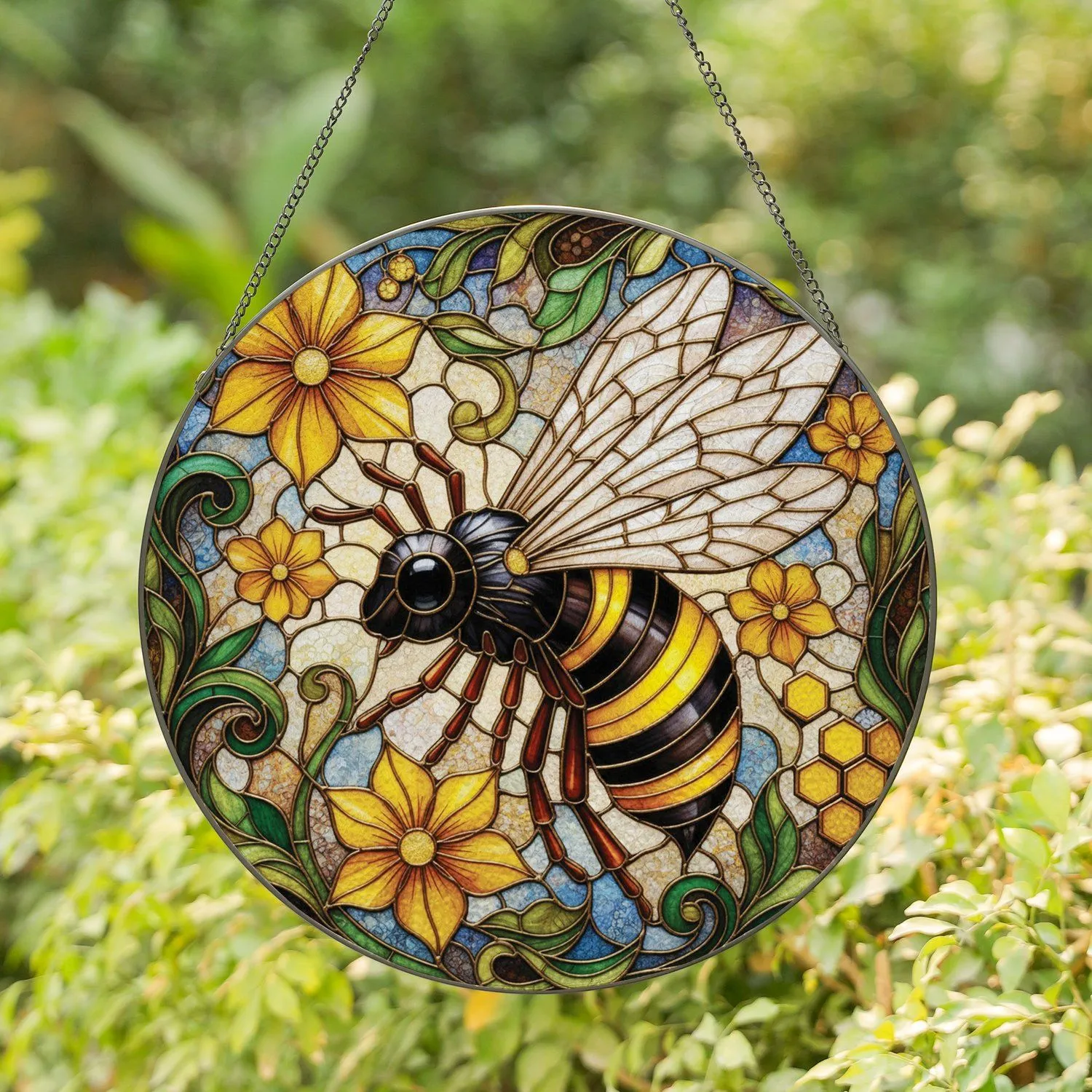 Plump Bee Golden Flowers Honeycomb Botanical - Wildlife Lover Decor Stained Glass Suncatcher - 1