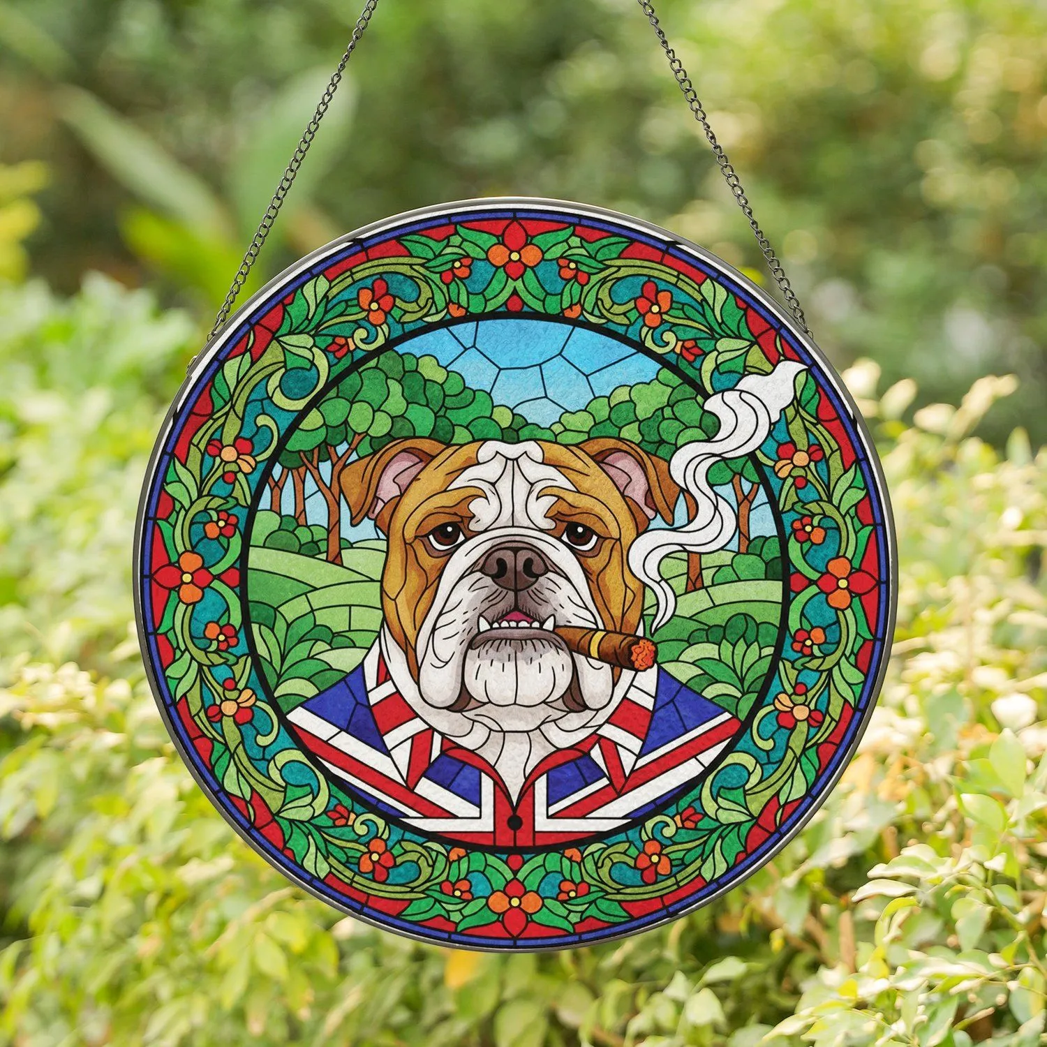 Bulldog Smoking Cigar British Flag Shirt - Man Cave Home Decor Gift for Dad Stained Glass Suncatcher - 1