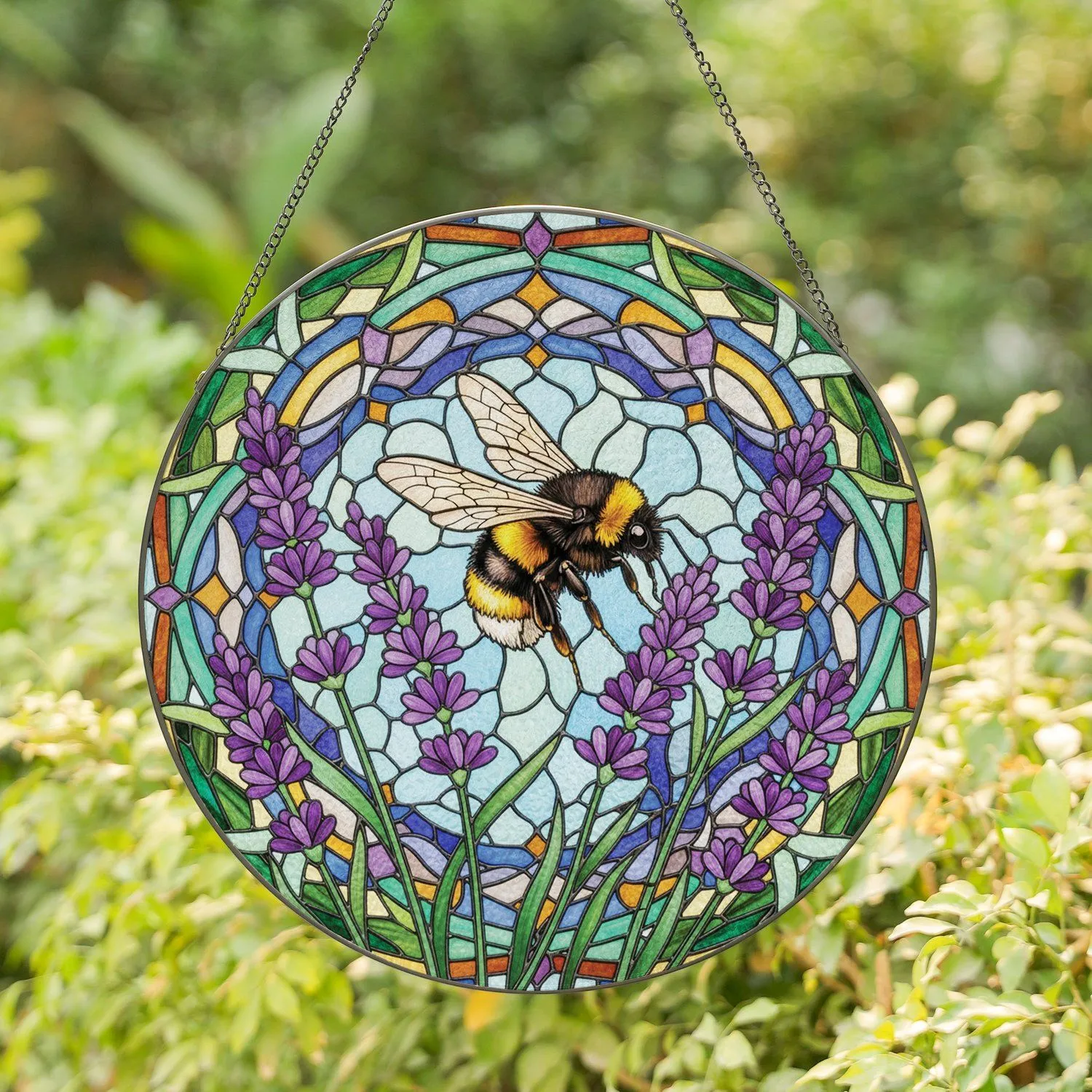 Tiffany Stained Glass Bumblebee Pollinating Lavender Floral Mosaic Home Decor Gift Stained Glass Suncatcher - 1