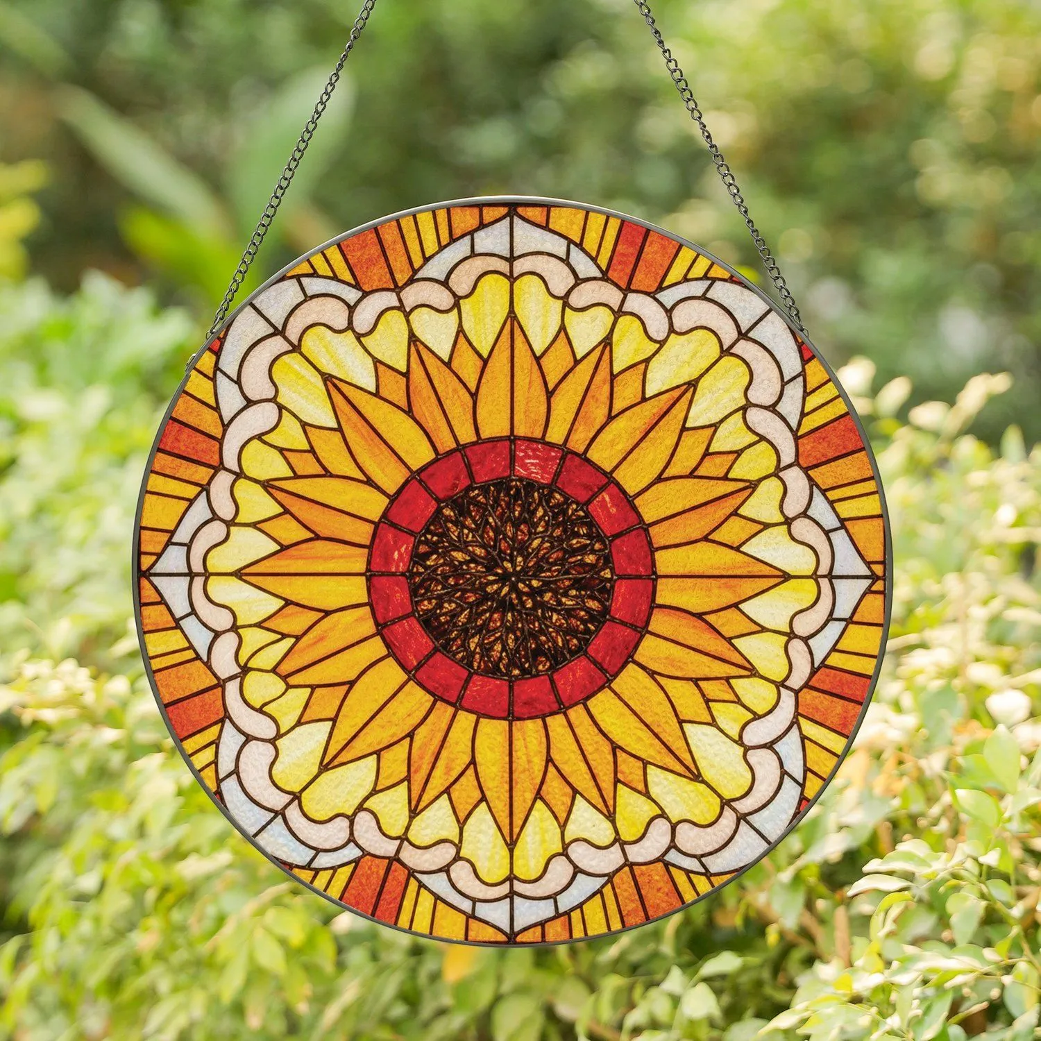 Sunflower Petals Red Orange Ring Rays of Light Clouds - Home Decor Gift for Garden Lover Stained Glass Suncatcher - 1