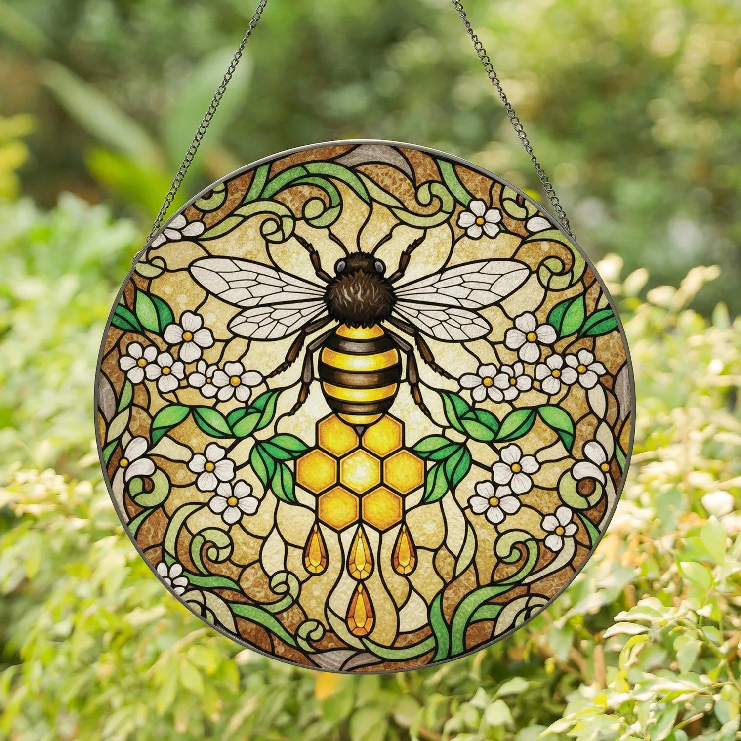 Honeybee Honeycomb Crystal Floral Glass Drops - Wildlife Lover Home Decor Gift Stained Glass Suncatcher - 1