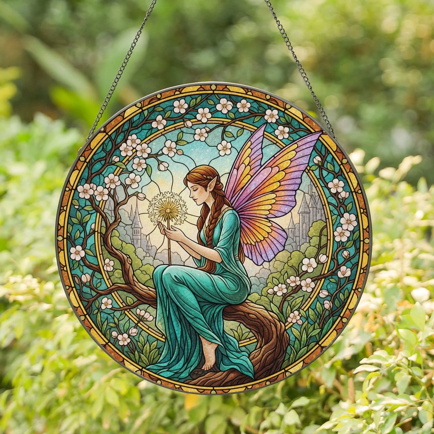 Fairy Iridescent Wings Dandelion Golden Frame - Home Decor Gift for Fairy Lover Stained Glass Suncatcher - 1