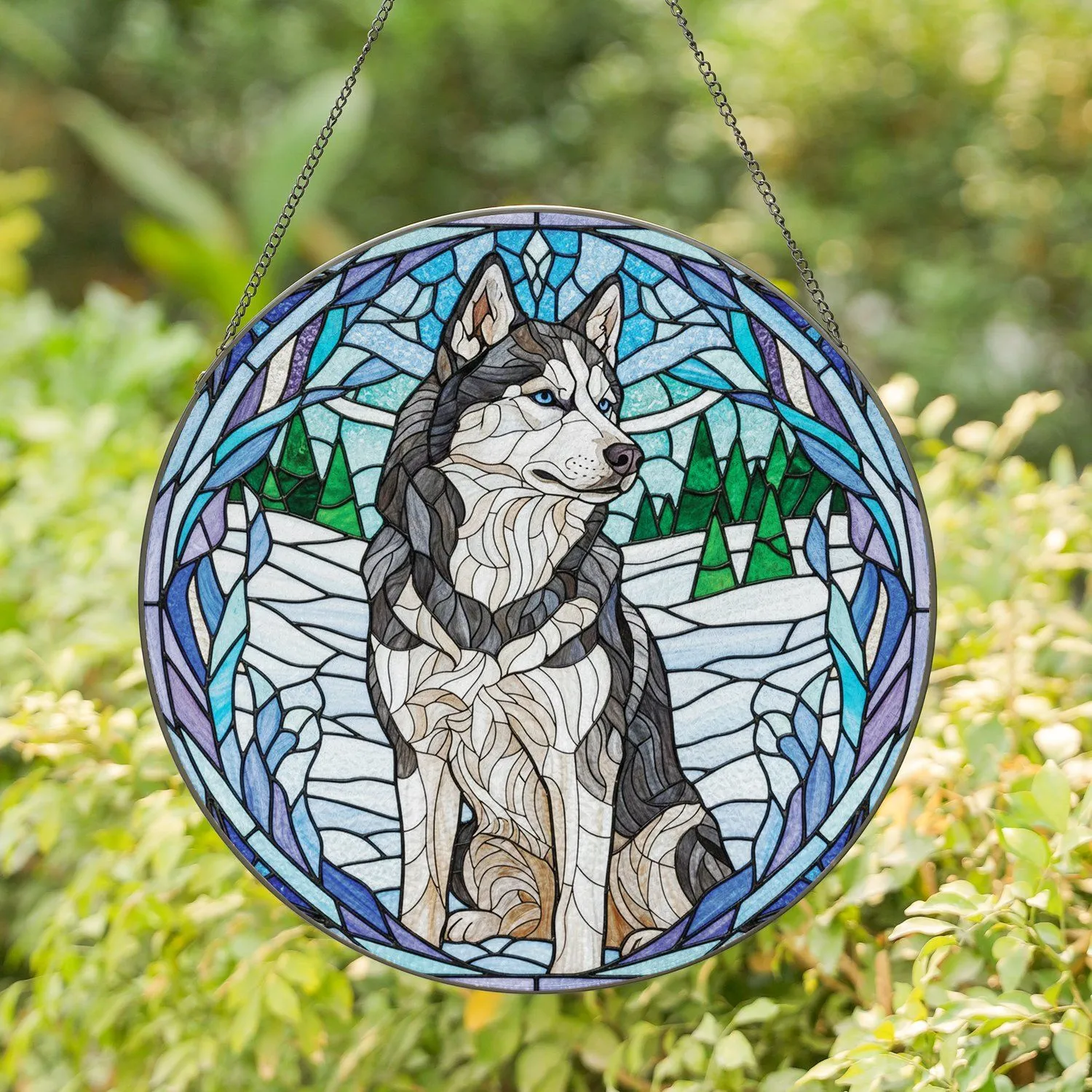 Siberian Husky Crystalline Icy Pine Winter Landscape - Home Decor Gift for Dog Lover Stained Glass Suncatcher - 1