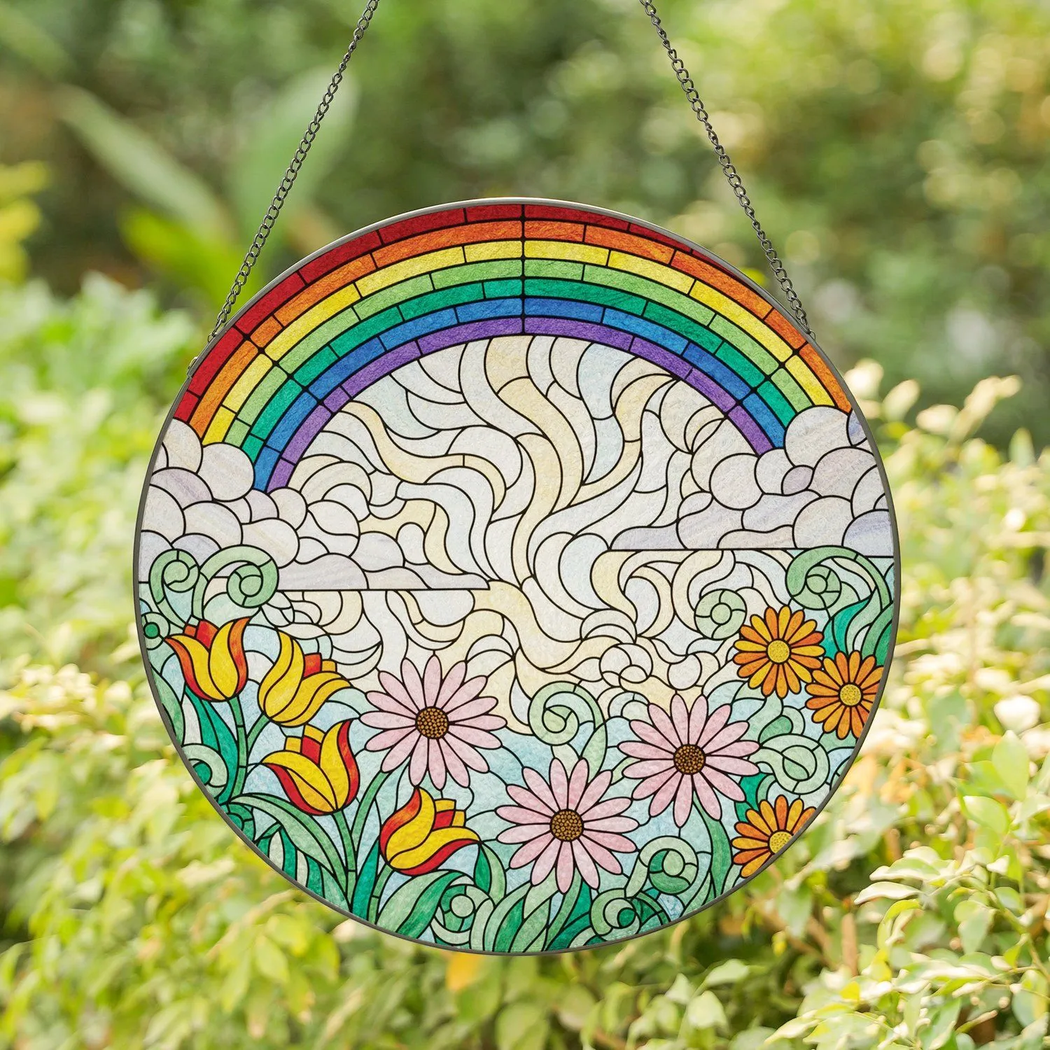 Edge-to-Edge Rainbow Tulips Daisies Swirling Sky Mosaic - Home Decor Gift Stained Glass Suncatcher - 1