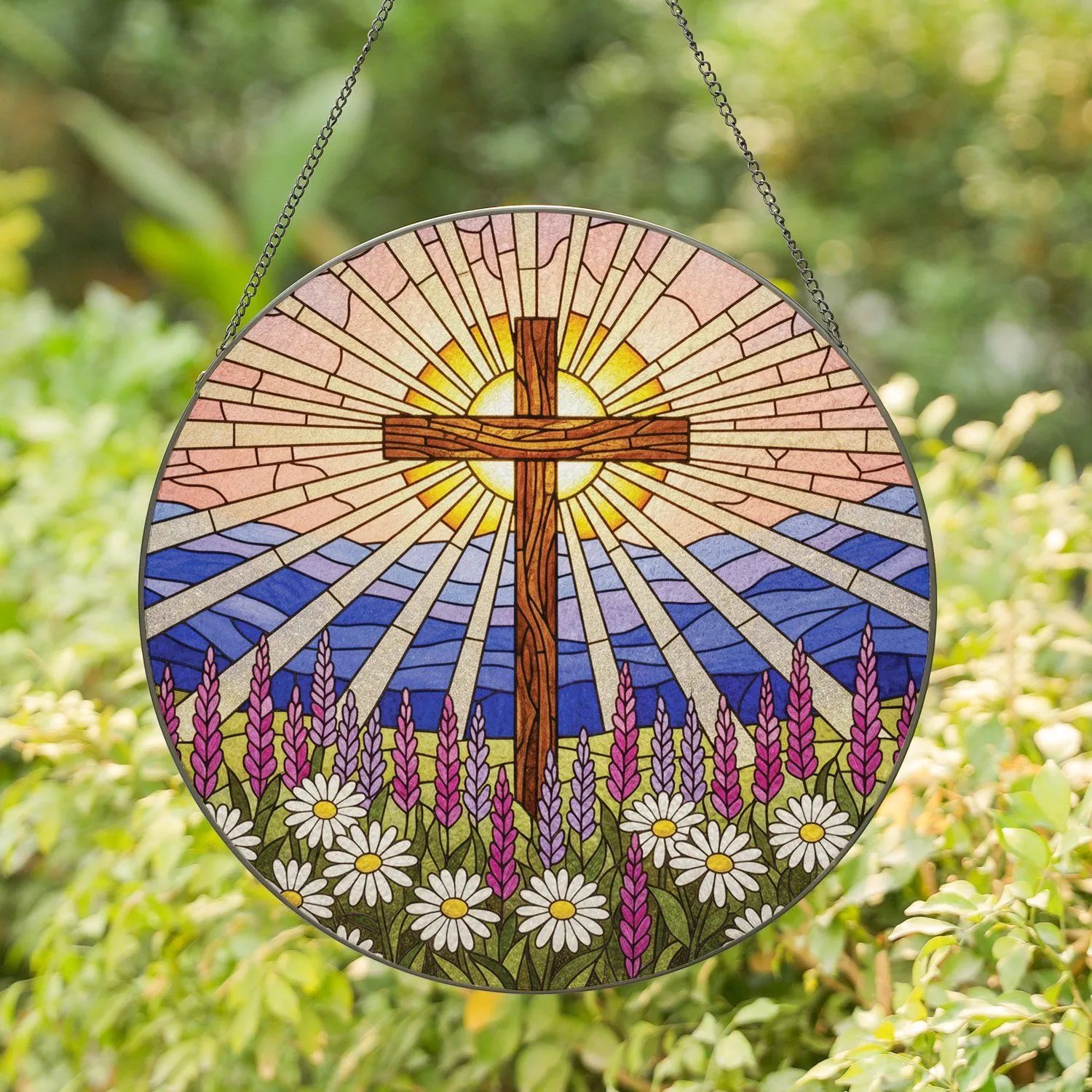 Stained Glass Radiant Cross Wildflower Meadow Mountain Sunset - Home Decor Gift Stained Glass Suncatcher - 1