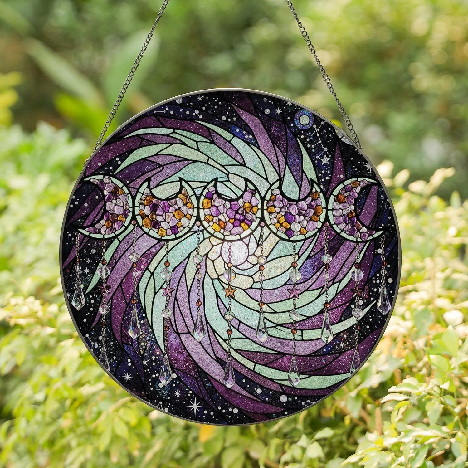 Cosmic Mosaic Crescent Moons Crystal Prism Celestial Tapestry - Home Decor Gift for Stargazers Stained Glass Suncatcher - 1