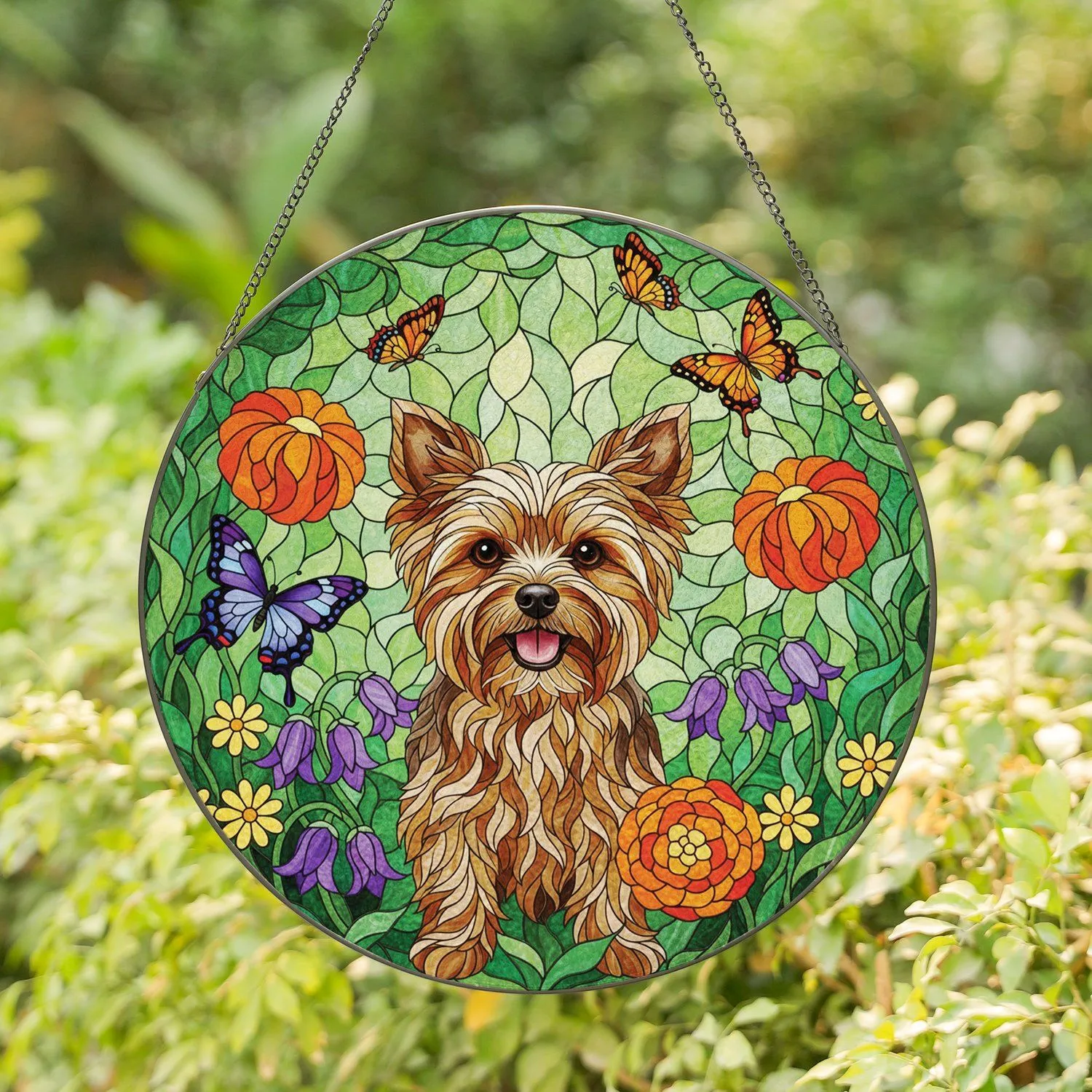 Yorkshire Terrier Floral Butterflies Home Decor Gift for Dog Lovers Stained Glass Suncatcher - 1