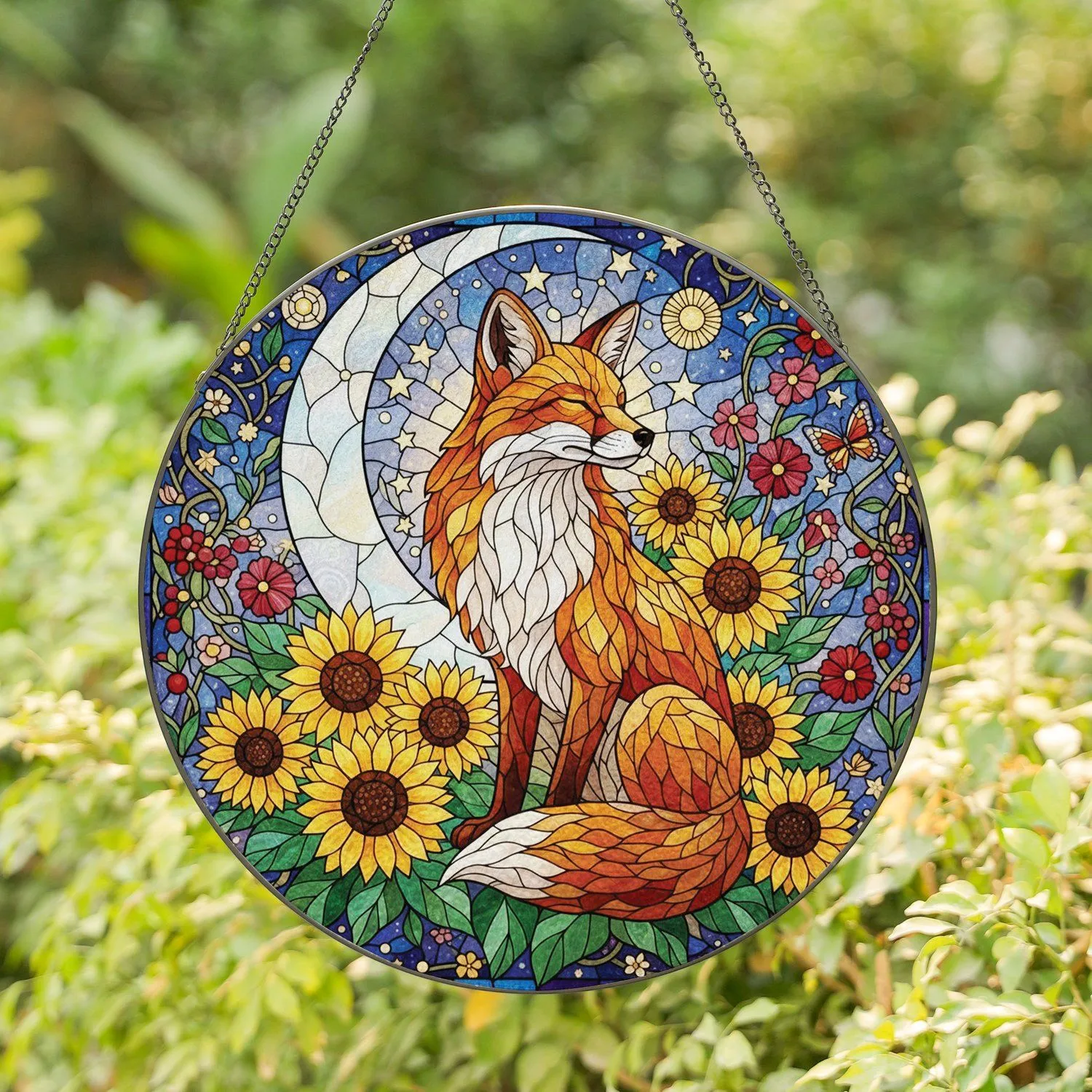 Fox Crescent Moon Sunflowers Celestial Floral Landscape - Wildlife Nature Lover Home Decor Gift Stained Glass Suncatcher - 1