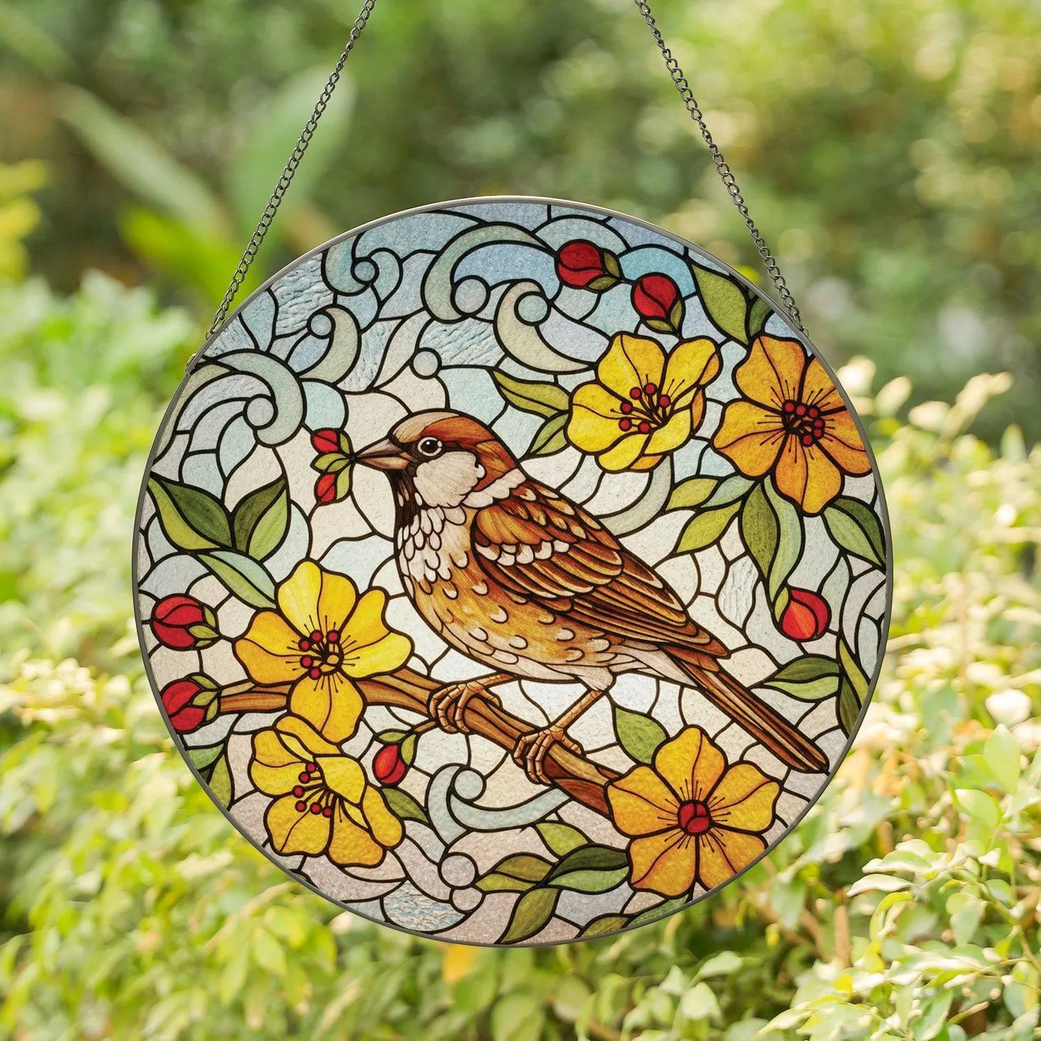 Songbird Yellow Orange Floral Branch Blue Green Sky - Home Decor Gift for Bird Lover Stained Glass Suncatcher - 1