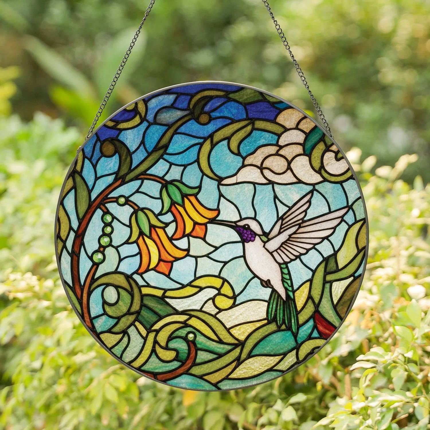 Iridescent Hummingbird Orange Yellow Flowers - Home Decor Gift for Bird Lovers Stained Glass Suncatcher - 1