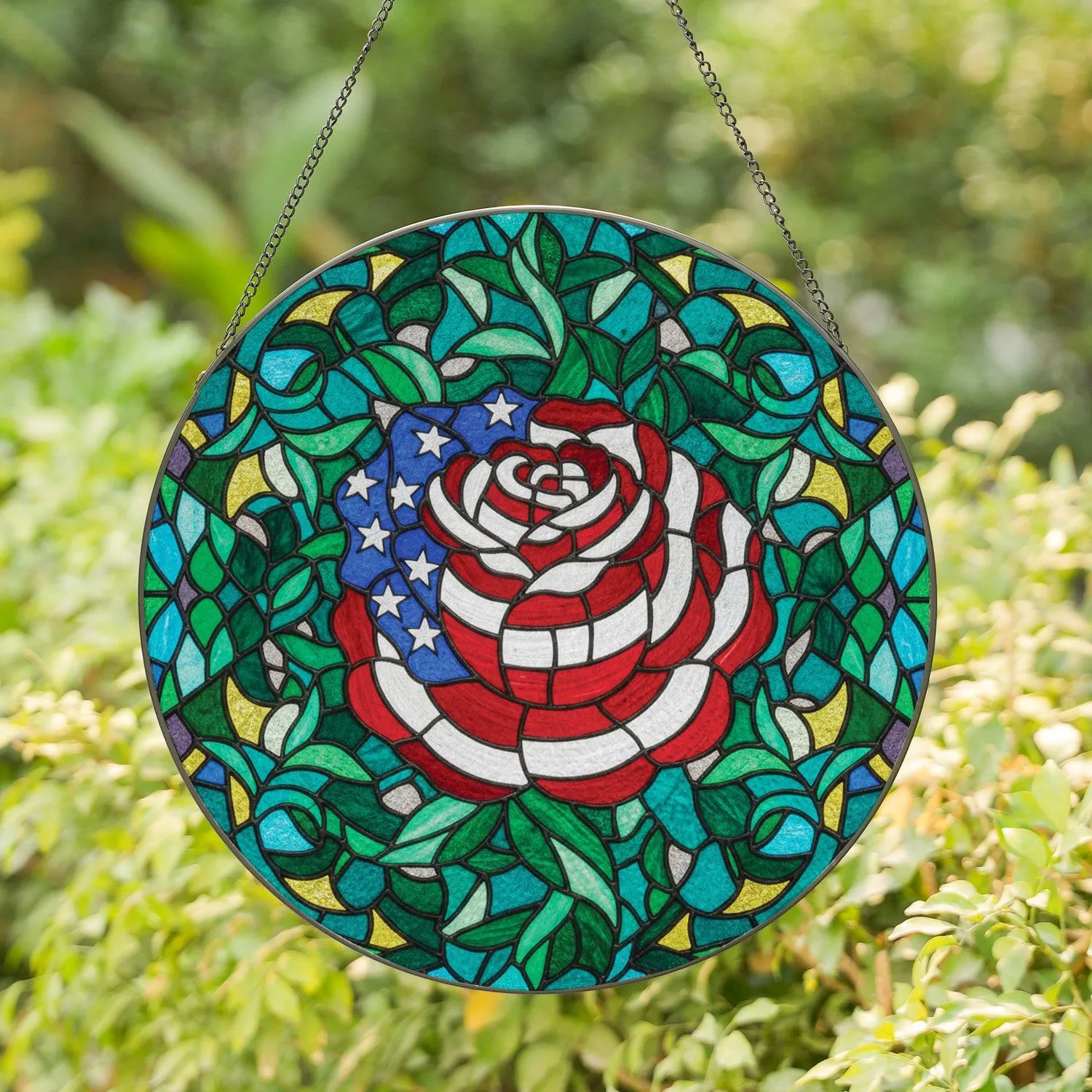 Bloomed Patriotic American Flag Rose Home Decor - Independence Day Gift for American Veterans Stained Glass Suncatcher - 1