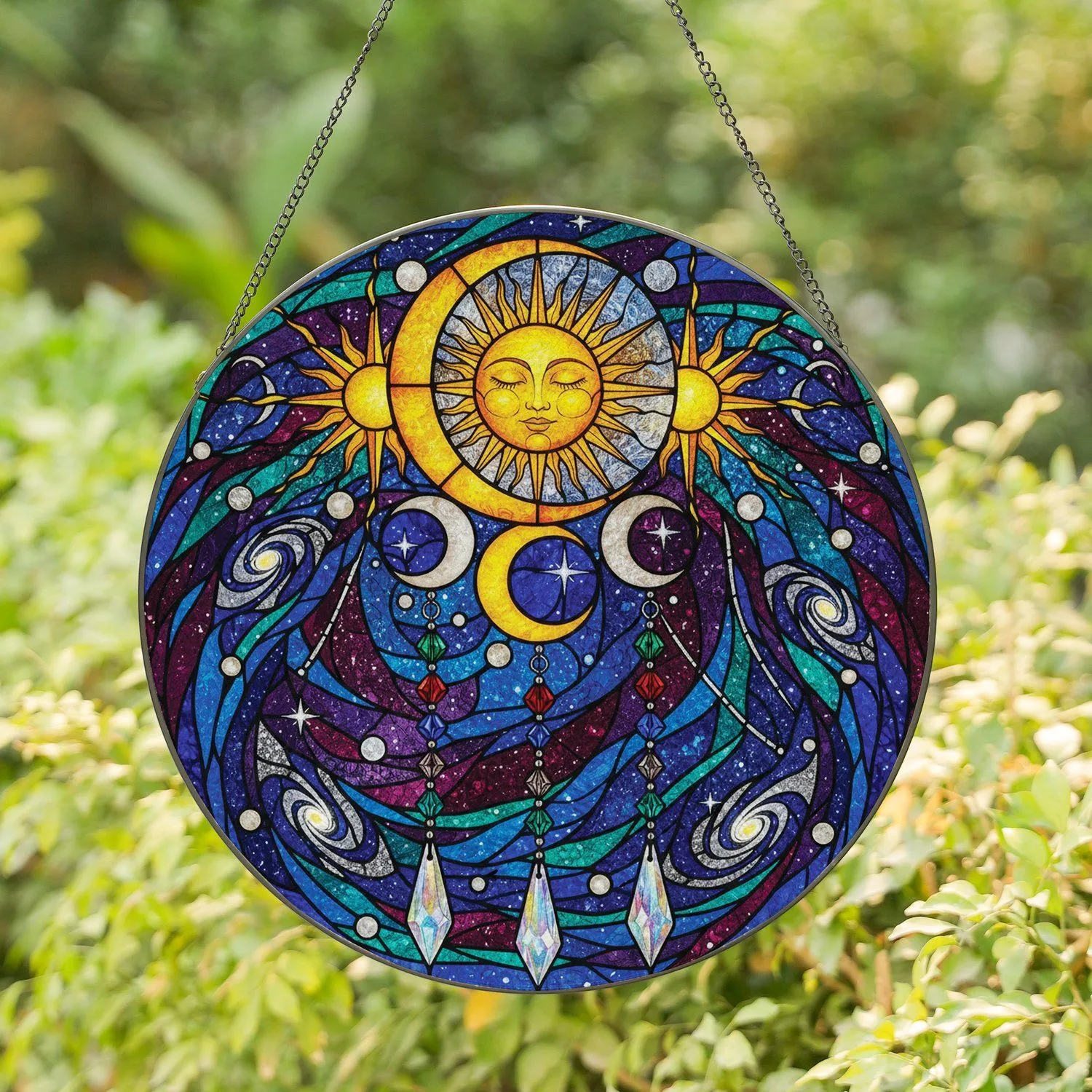 Sun Face Crescent Moon Galaxy Stardust Nebulae Moon Phases Crystal Prism - Home Decor Gift Stained Glass Suncatcher - 1