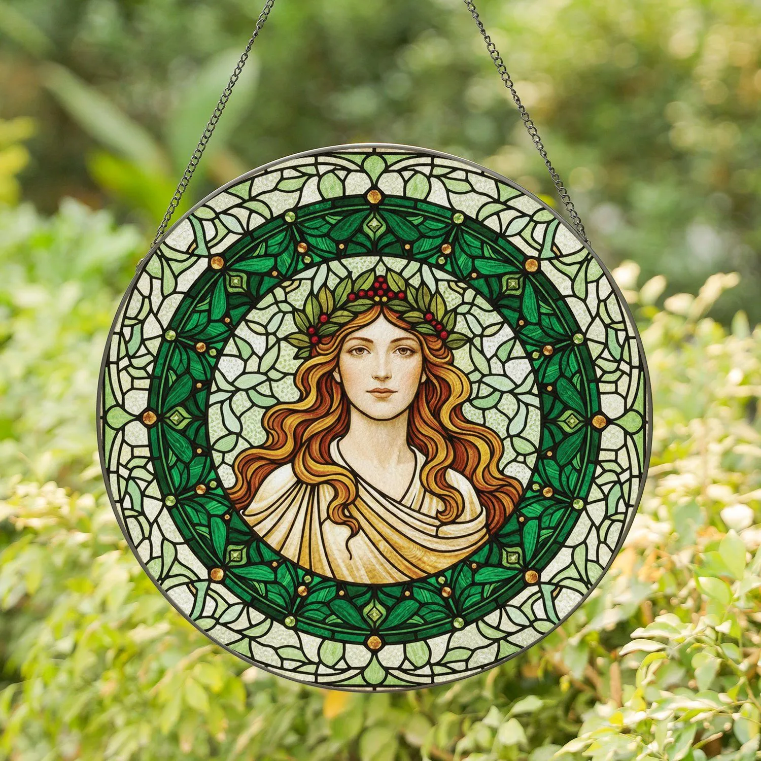 Stained Glass Serene Woman Reddish Golden Hair Leaf Berry Wreath - Home Decor Gift Stained Glass Suncatcher - 1