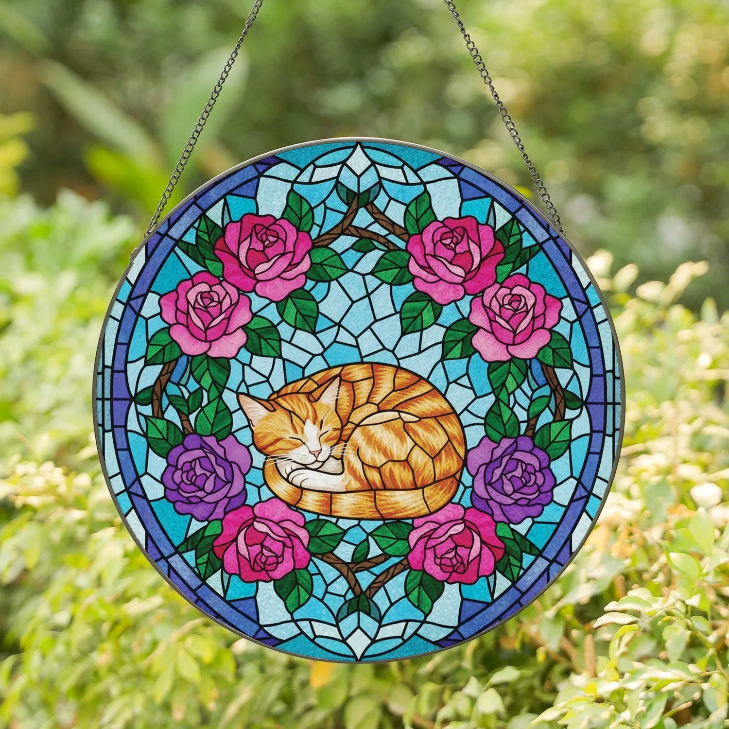 Sleeping Orange Tabby Cat Curled in Pink Purple Roses - Home Decor Gift for Cat Lover Stained Glass Suncatcher - 1