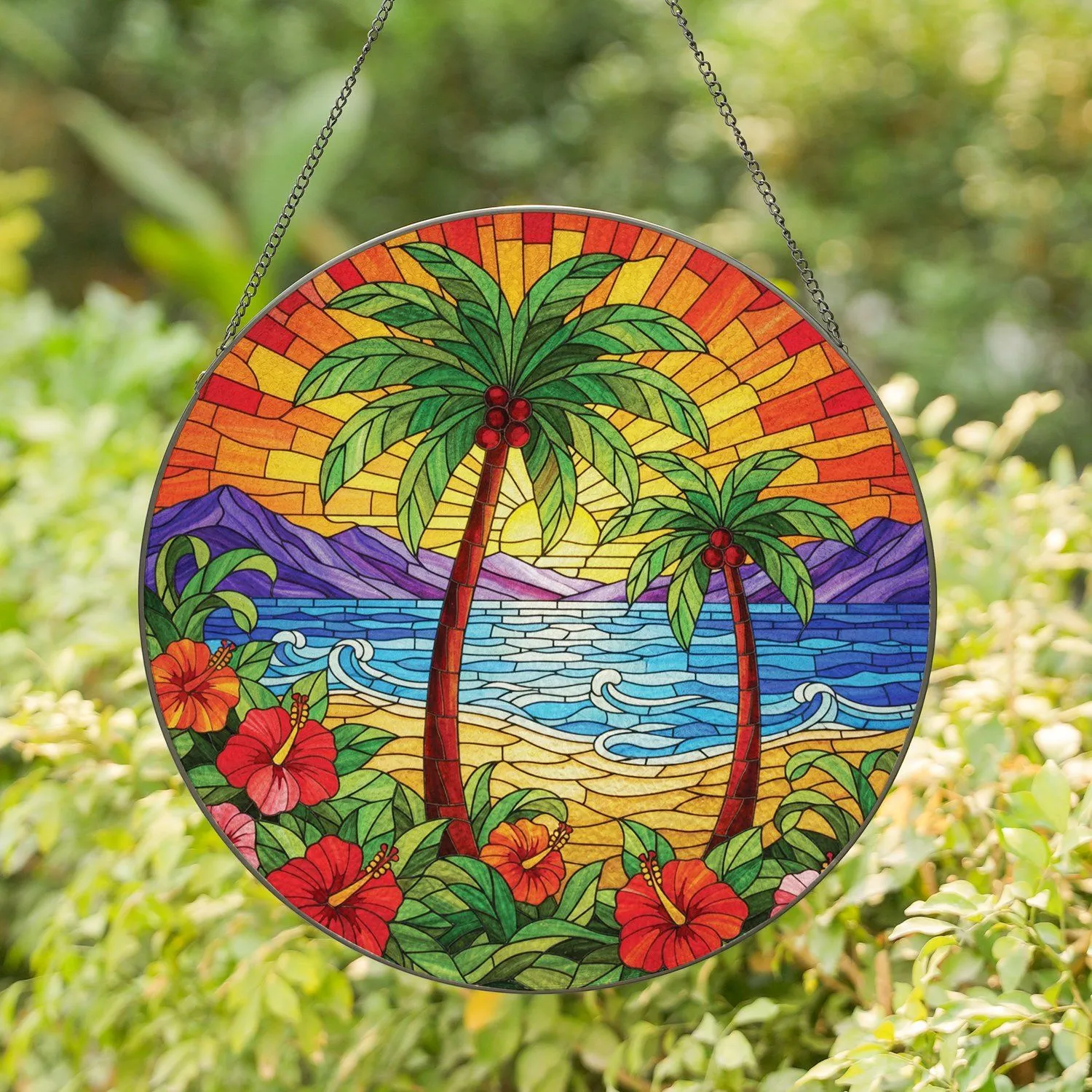 Tropical Island Beach Sunset Palm Trees Hibiscus Lush Foliage - Home Decor Gift Stained Glass Suncatcher - 1