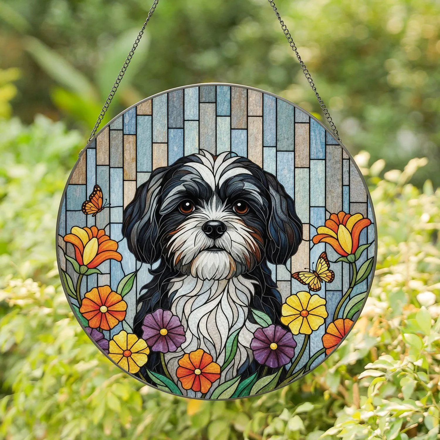 Fluffy Black White Dog with Orange Purple Flowers and Butterflies - Home Decor Gift Stained Glass Suncatcher - 1