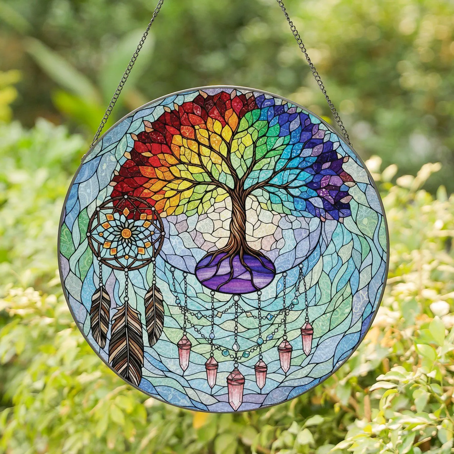 Tree of Life Rainbow Canopy Dreamcatcher Feather - Home Decor Gift for Crystal Lover Stained Glass Suncatcher - 1