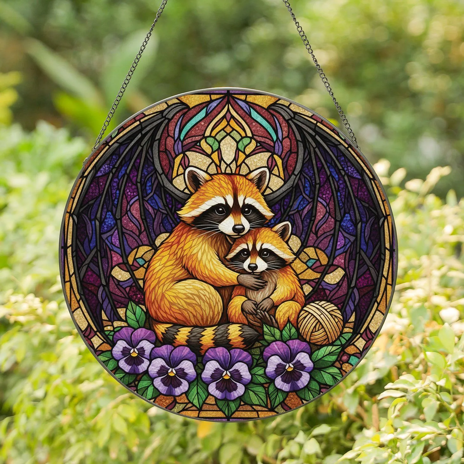 Snuggled Raccoons Gothic Bat Wings Pansy Flowers - Gothic Home Decor Gift Stained Glass Suncatcher - 1