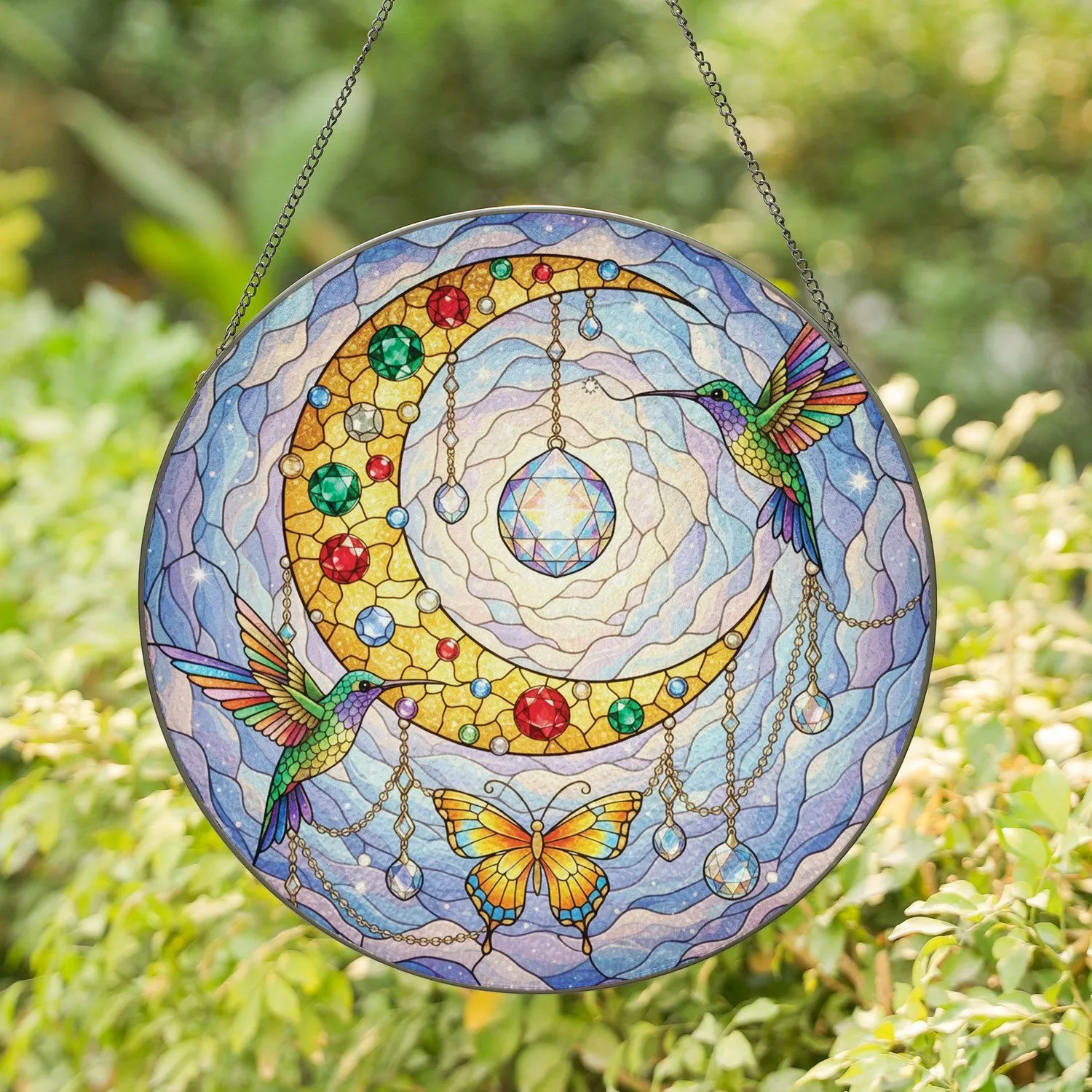 Golden Crescent Moon Hummingbirds Butterfly - Celestial Stained Glass Home Decor Gift Stained Glass Suncatcher - 1
