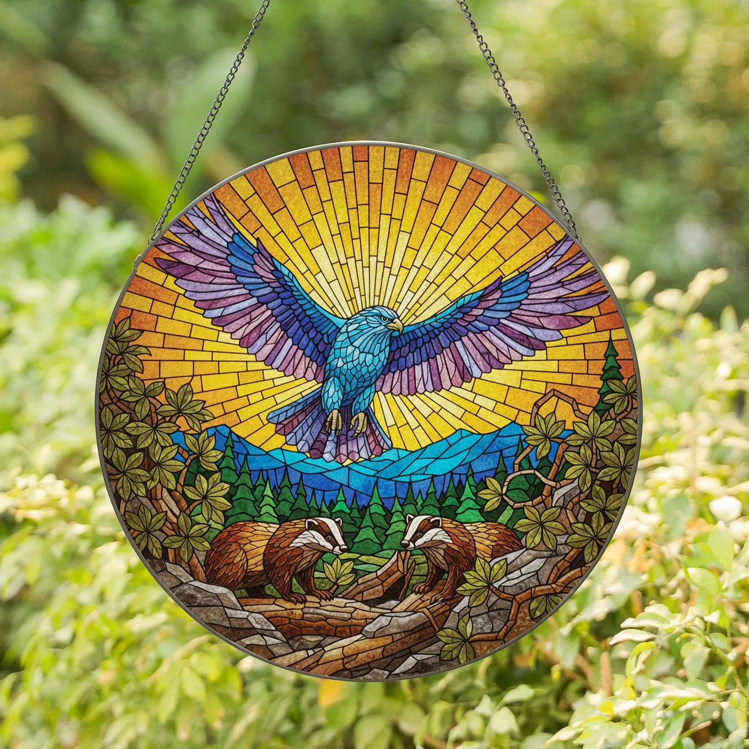 Majestic Blue Raptor Badgers Sunburst - Mountain Pine Forest Home Decor Gift Stained Glass Suncatcher - 1