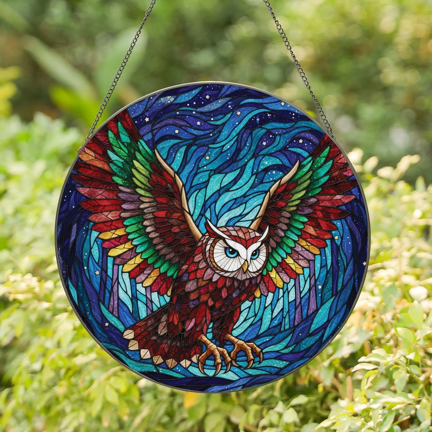 Majestic Owl Dynamic Flight Twilight Forest Starry Night - Home Decor Gift Stained Glass Suncatcher - 1