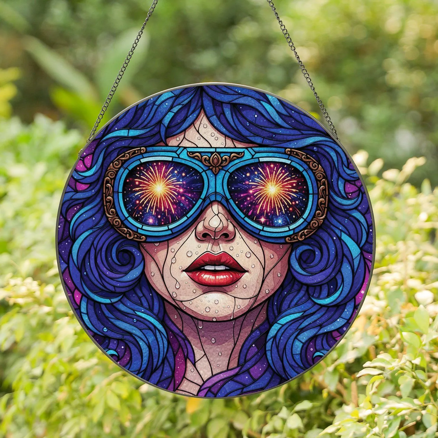 Futuristic Blue Goggles Red Lips Fireworks Night Sky Cosmic Nebula Home Decor Gift Stained Glass Suncatcher - 1