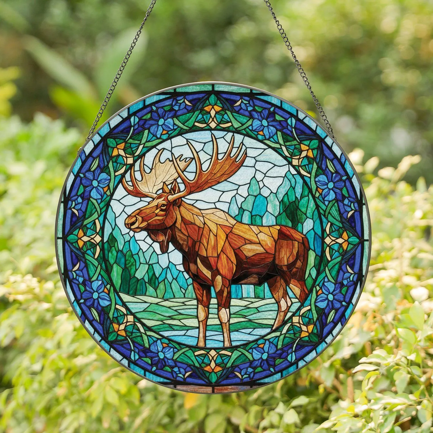Moose Antlers Tiffany Stained Glass Floral Landscape - Wildlife Home Decor Gift Stained Glass Suncatcher - 1