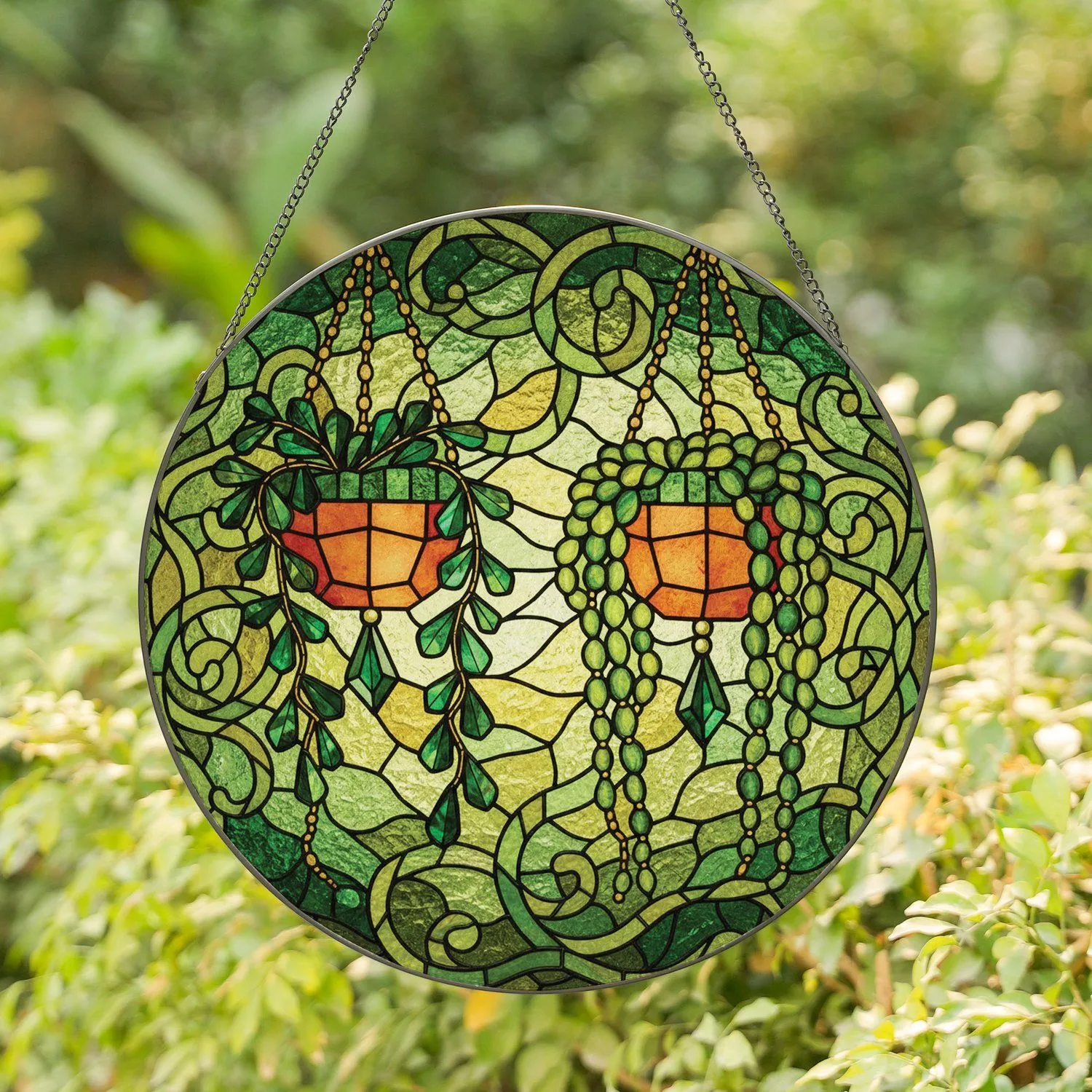 Stained Glass Terracotta Pots Green Beaded Vines - Plant Lover Home Decor Gift Stained Glass Suncatcher - 1
