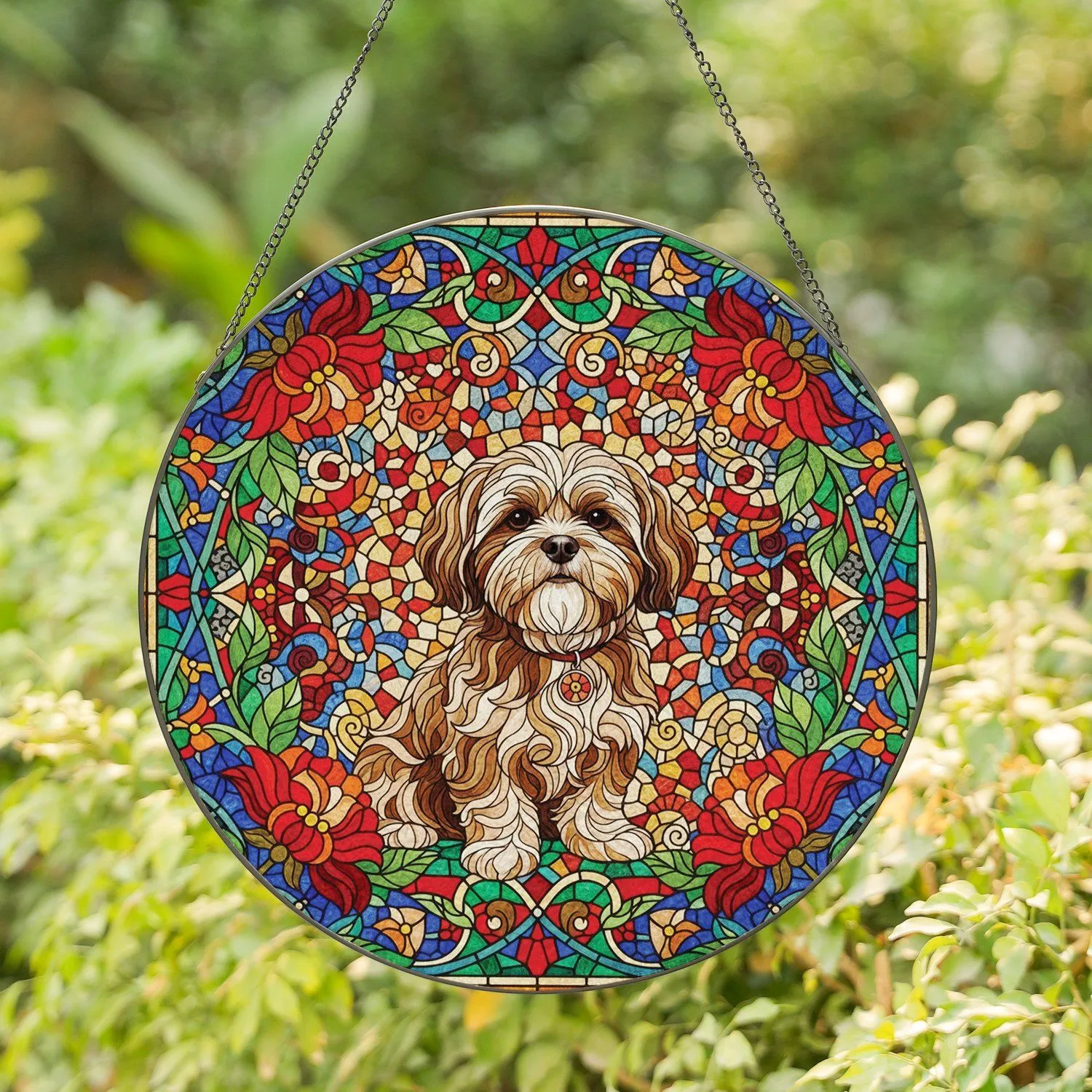 Fluffy Shih Tzu Dog Floral Stained Glass - Vibrant Home Decor Gift for Dog Lover Stained Glass Suncatcher - 1