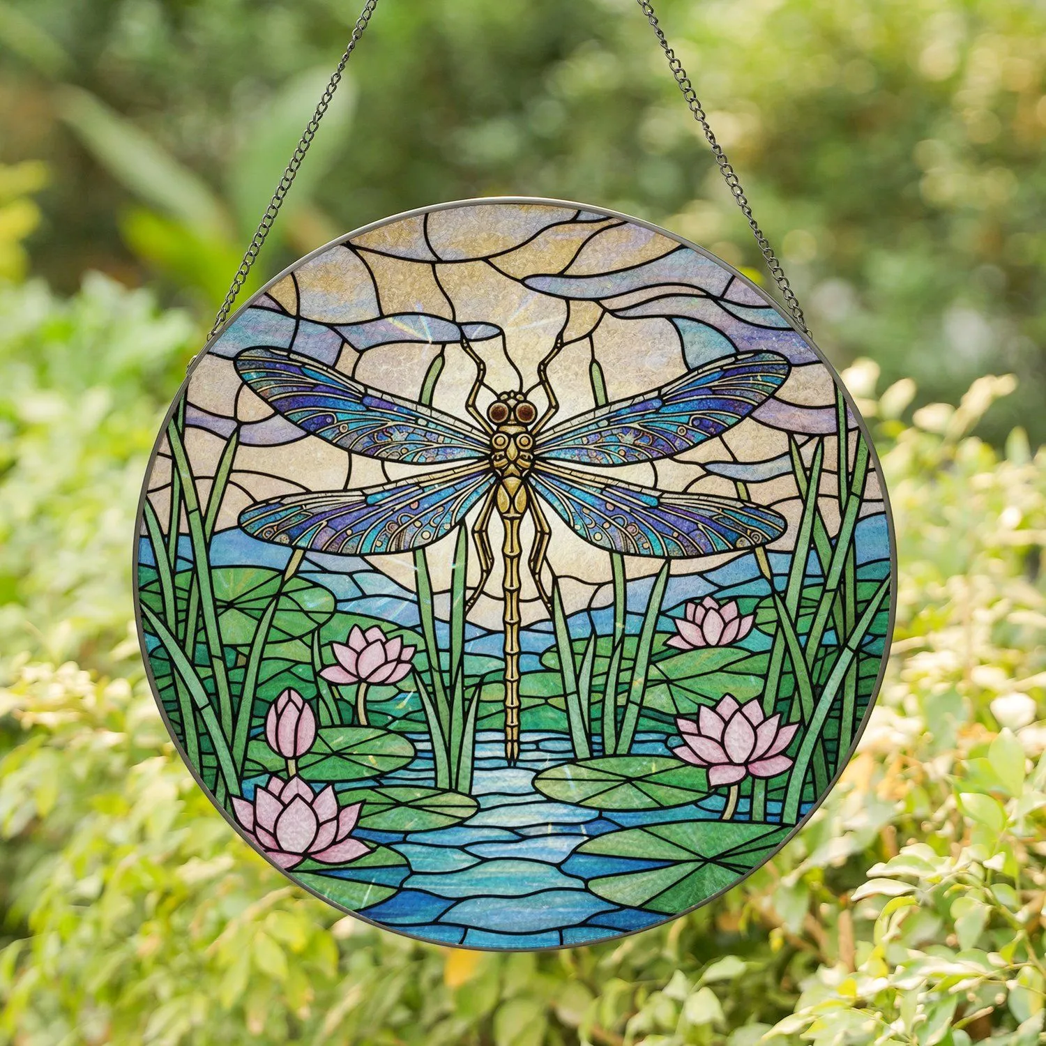 Majestic Dragonfly Water Lily Stained Glass Prism - Home Decor Gift for Nature Lover Stained Glass Suncatcher - 1