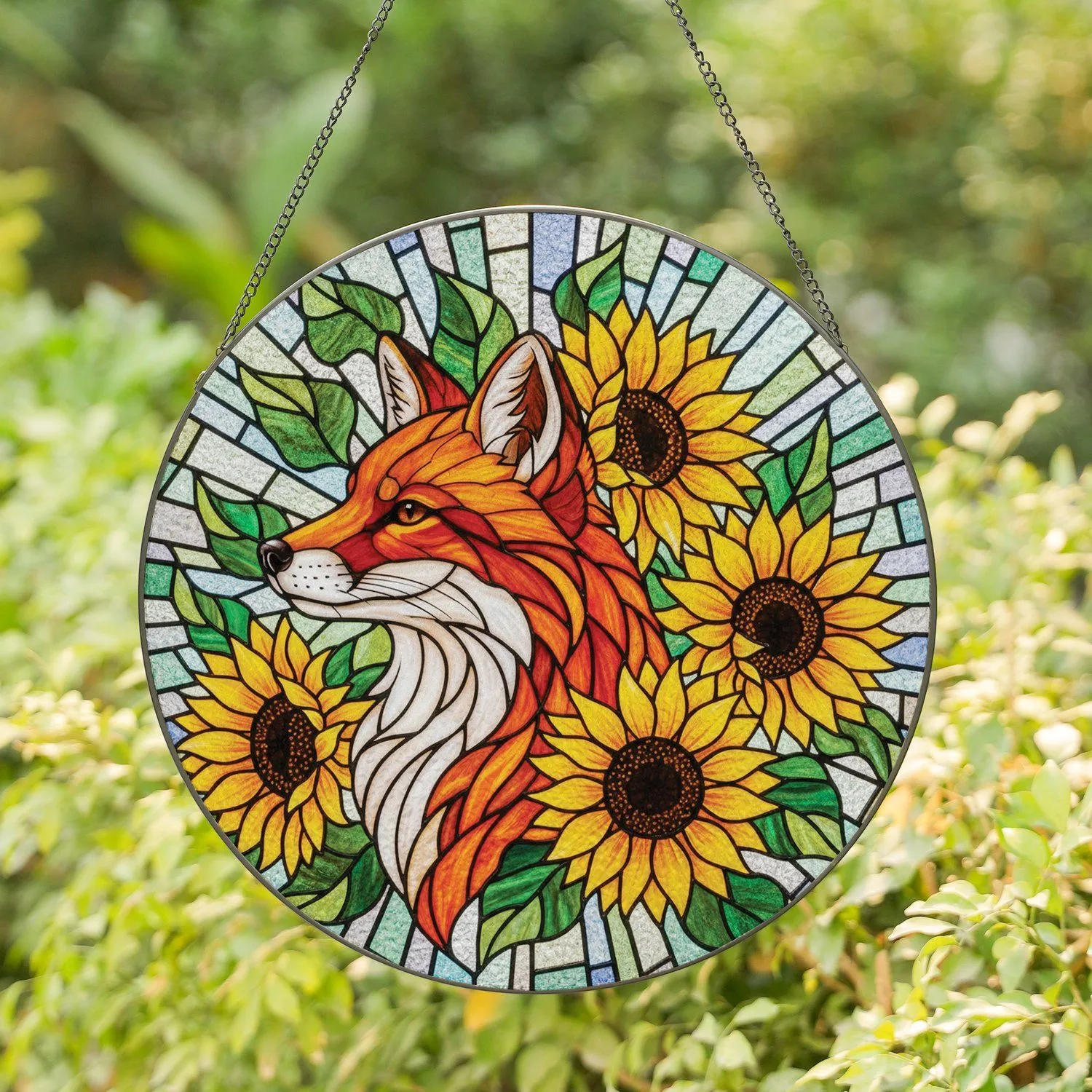 Majestic Fox Profile Three Sunflowers - Home Decor Gift for Wildlife Lovers Stained Glass Suncatcher - 1