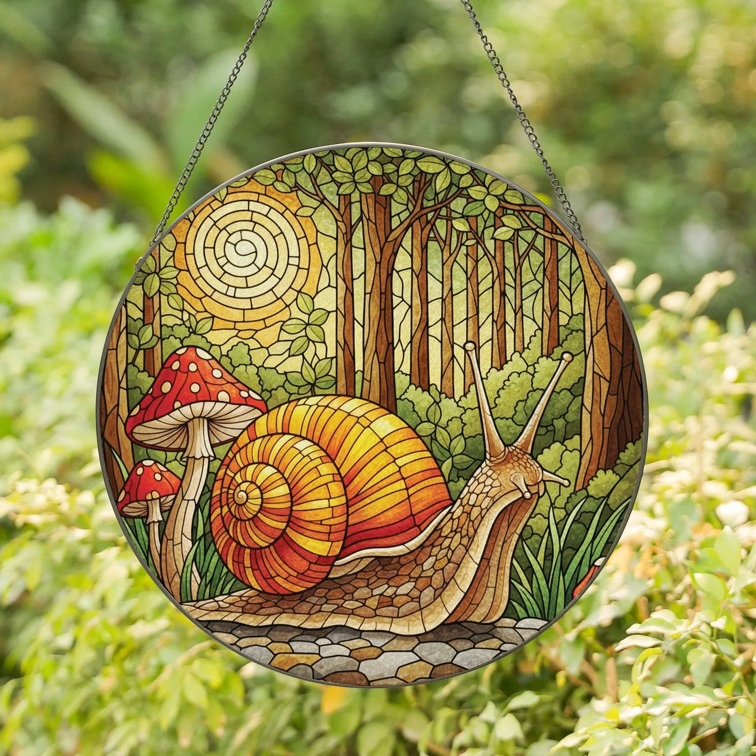 Swirling Garden Snail Red Mushroom Forest Moss Leaves - Home Decor Wildlife Lover Gift Stained Glass Suncatcher - 1