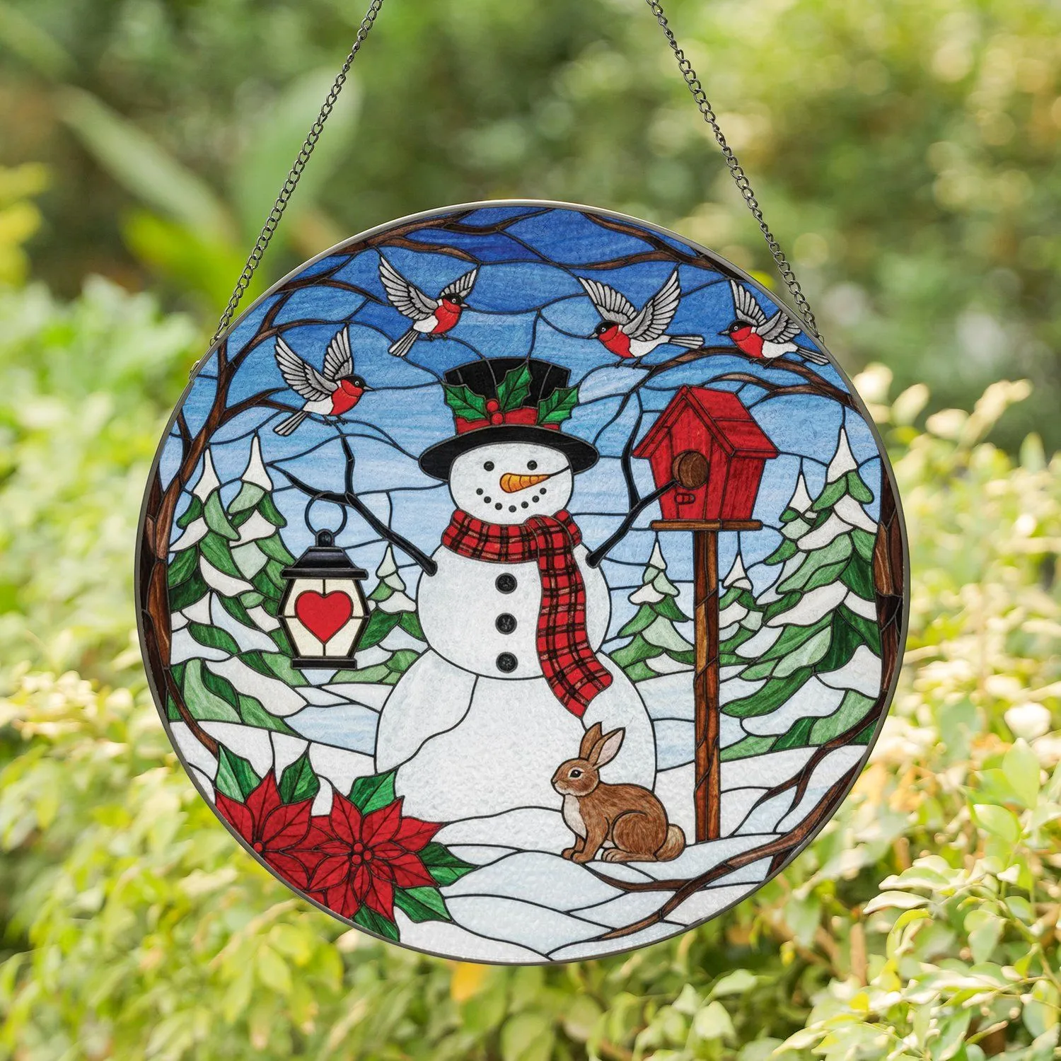 Snowman Winter Wonderland Bird Poinsettia - Christmas Holiday Home Decor Gift Stained Glass Suncatcher - 1