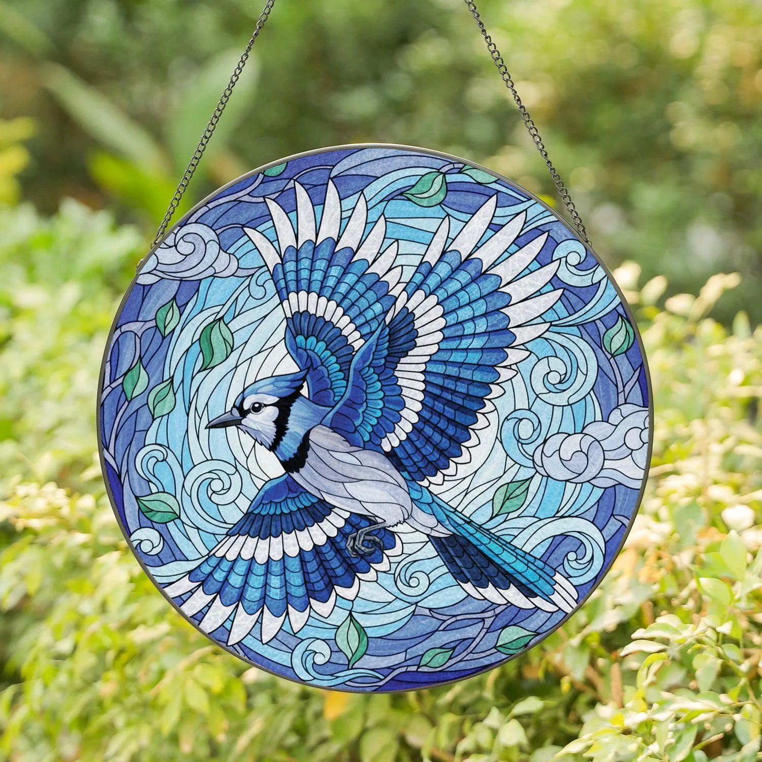 Tiffany Stained Glass Blue Jay Leaf Sky Clouds Wildlife Bird Lover Home Decor Gift Stained Glass Suncatcher - 1
