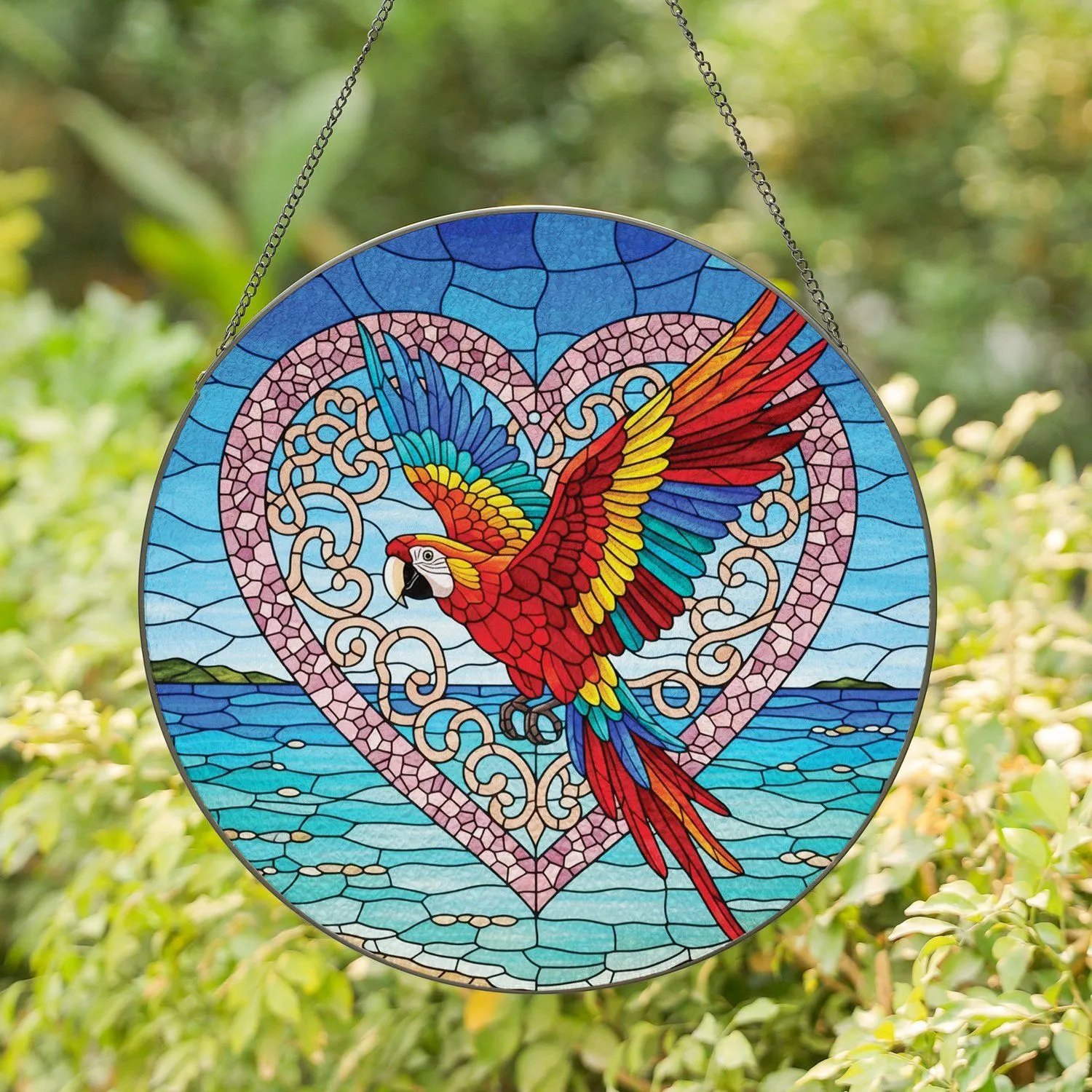 Scarlet Macaw Stained Glass Tropical Ocean - Home Decor Gift for Macaw Lover Stained Glass Suncatcher - 1
