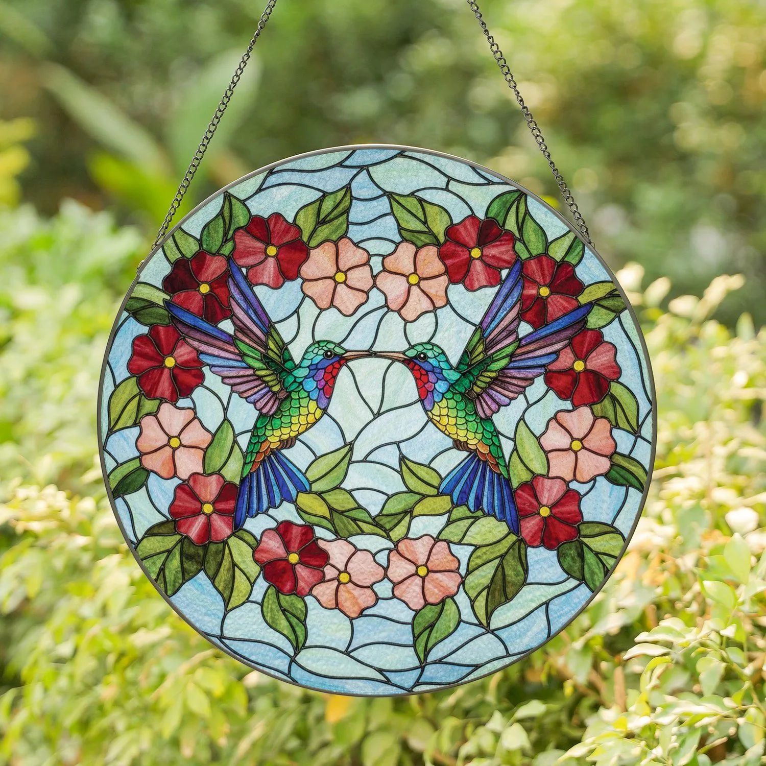 Hummingbirds Touching Beaks Red Pink Peach Blossoms - Home Decor Gift for Dedicated Wildlife Lover Stained Glass Suncatcher - 1