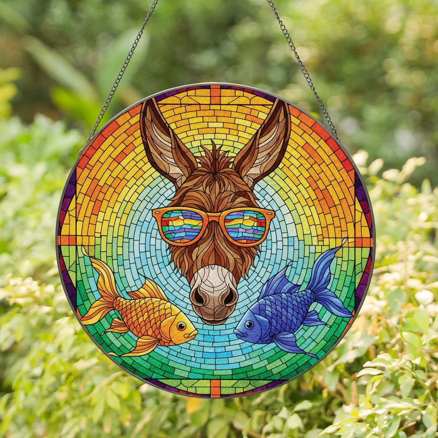 Fluffy Brown Donkey Sunglasses Fish Tiffany Glass Jewel Tones - Home Decor Gift Stained Glass Suncatcher - 1