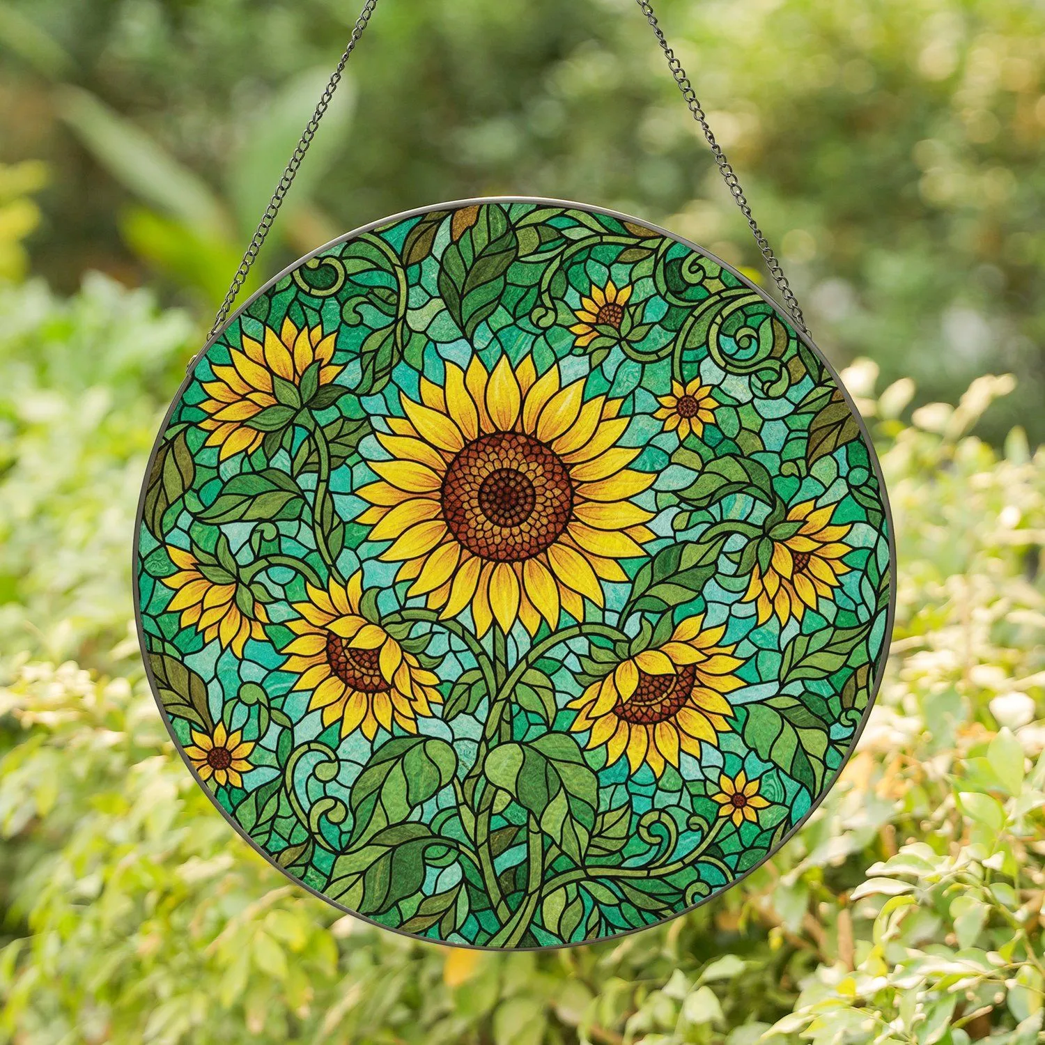 Full Bloom Sunflower Radiating Petals Green Leaves Mosaic - Home Decor Gift for Gardeners Stained Glass Suncatcher - 1
