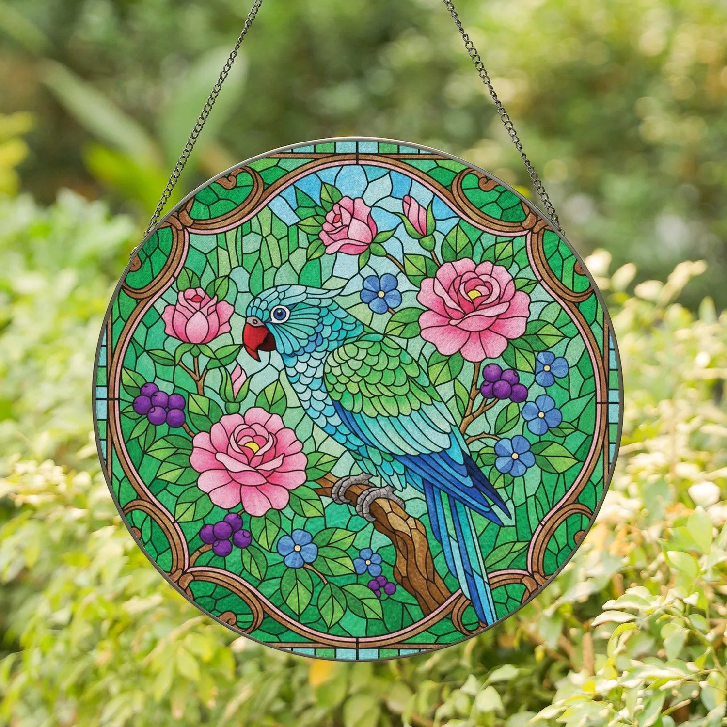 Parrot Pink Rose Blue Flower Green Leaves - Home Decor Wildlife Lover Gift Stained Glass Suncatcher - 1