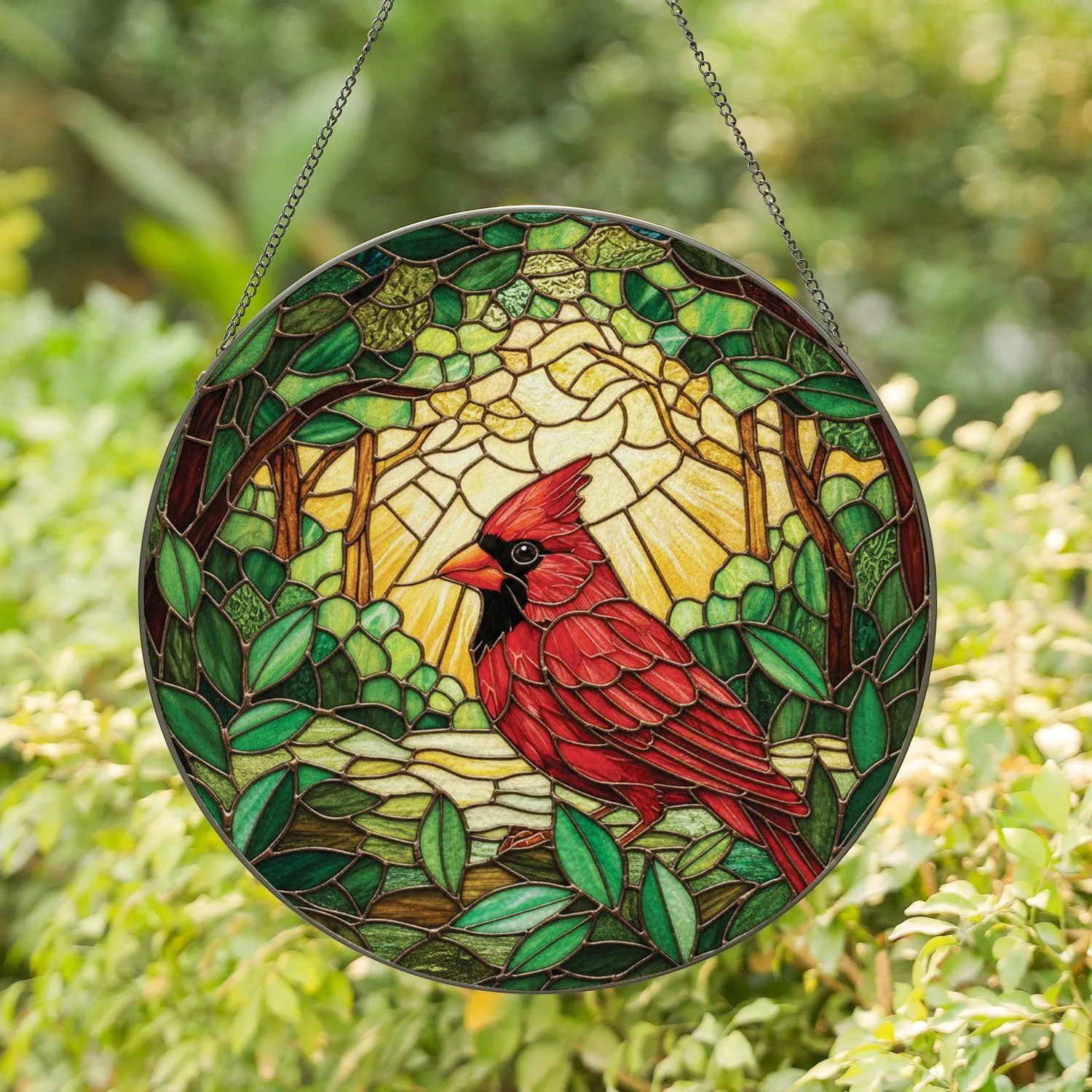 Red Cardinal Bird Green Leaves Landscape - Wildlife Lover Home Decor Gift Stained Glass Suncatcher - 1