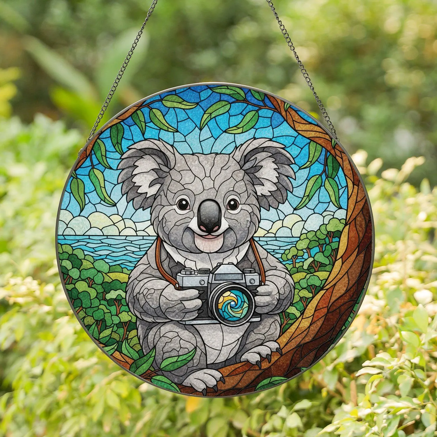 Vintage Camera Koala Eucalyptus Scenic Waterscape - Wildlife Lover Home Decor Gift Stained Glass Suncatcher - 1