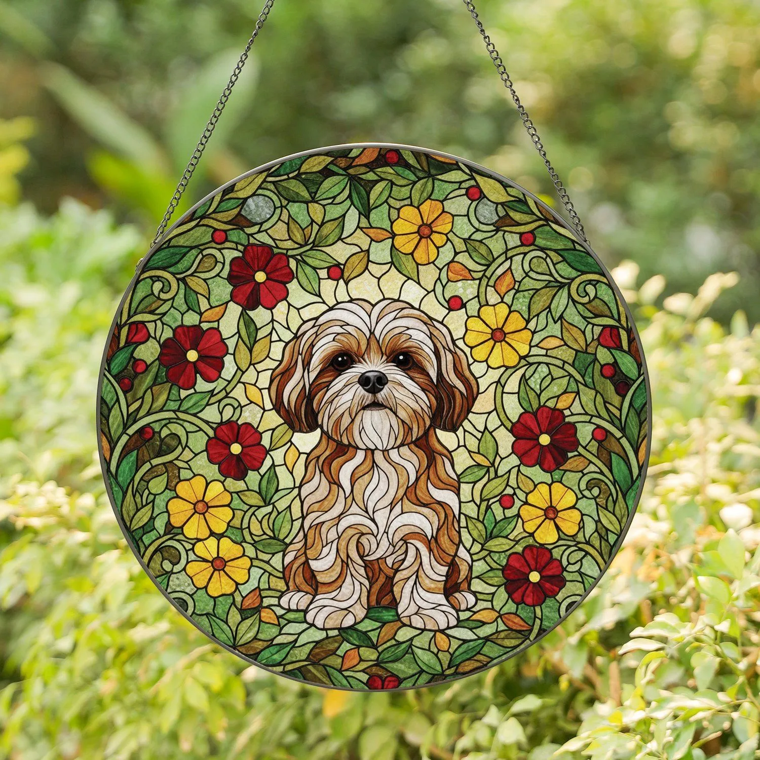 Fluffy Shih Tzu Dog Floral Garden - Home Decor Gift for Dog Lovers Stained Glass Suncatcher - 1