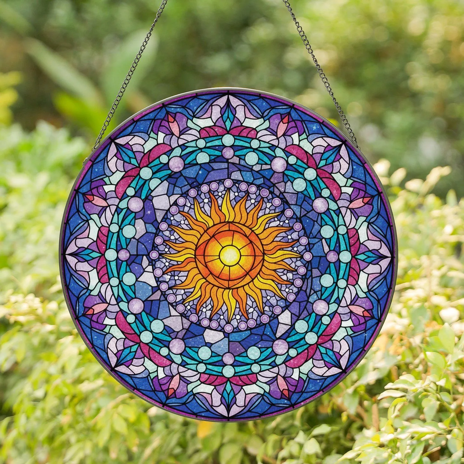 Tiffany Style Celestial Spiral Moon Sun Orb Mosaic Waves Petals - Home Decor Gift Stained Glass Suncatcher - 1